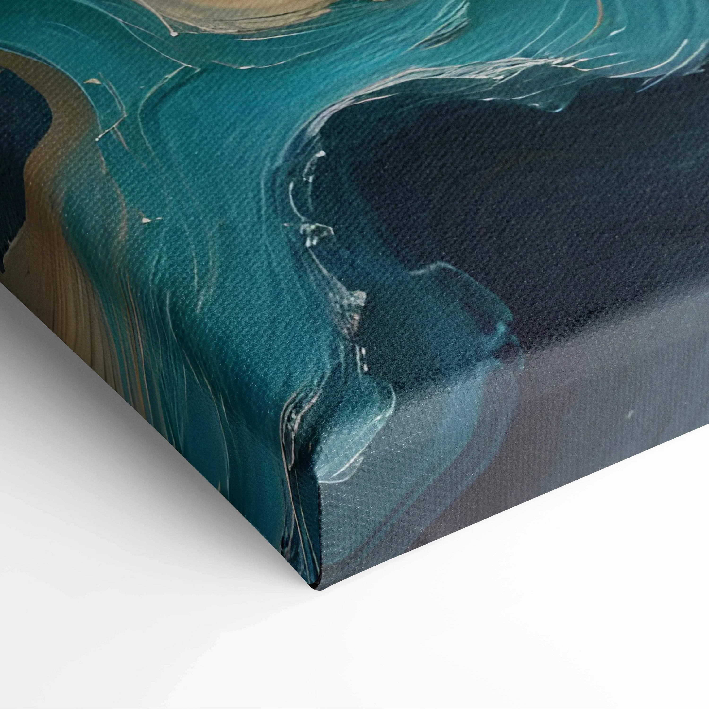 Teal navy abstract canvas painting with textured orange gold waves
