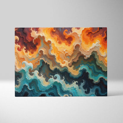 Abstract fluid art canvas with orange gold teal waves and marbled texture