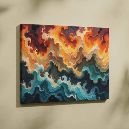 Vibrant abstract fluid art canvas with orange gold teal waves, marbled texture