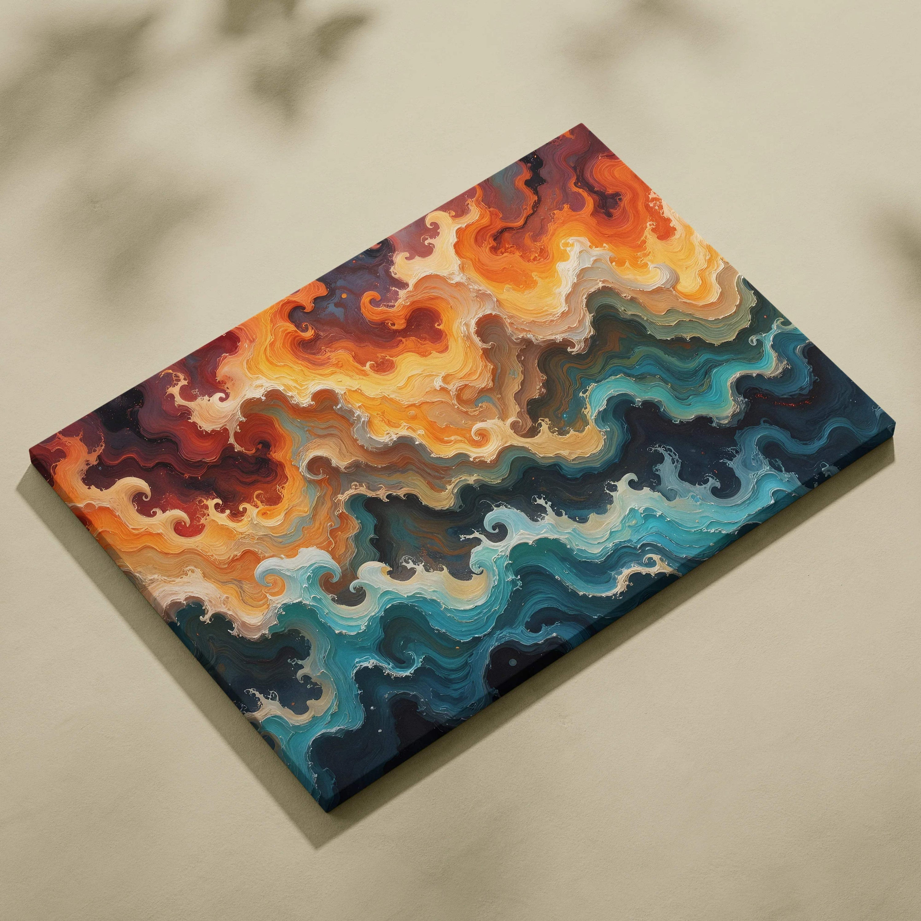 Vibrant abstract fluid canvas art with orange gold teal waves on navy background