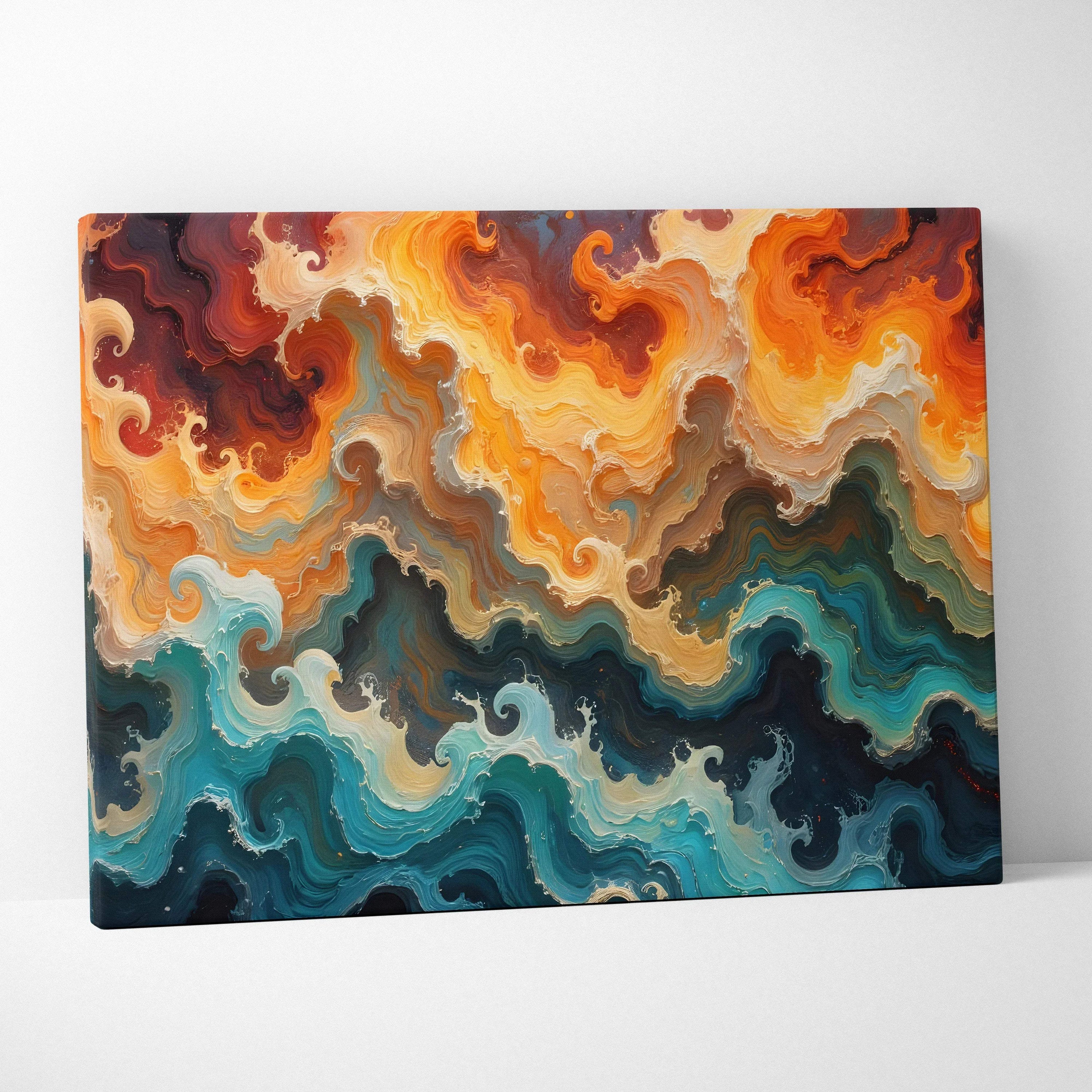 Vibrant abstract fluid canvas art with orange gold teal waves and marbled texture
