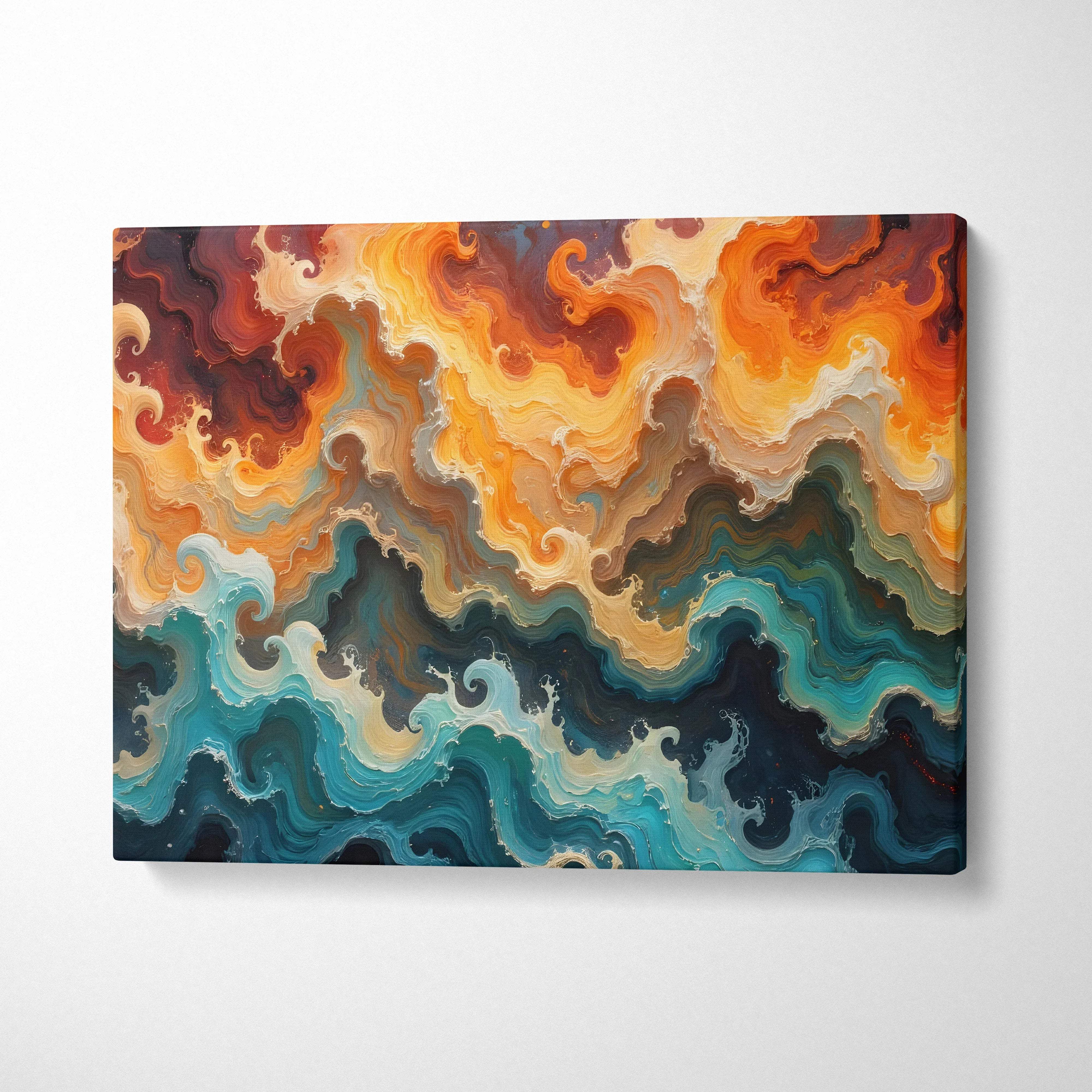 Vibrant abstract fluid art canvas with orange gold teal waves and marbled texture