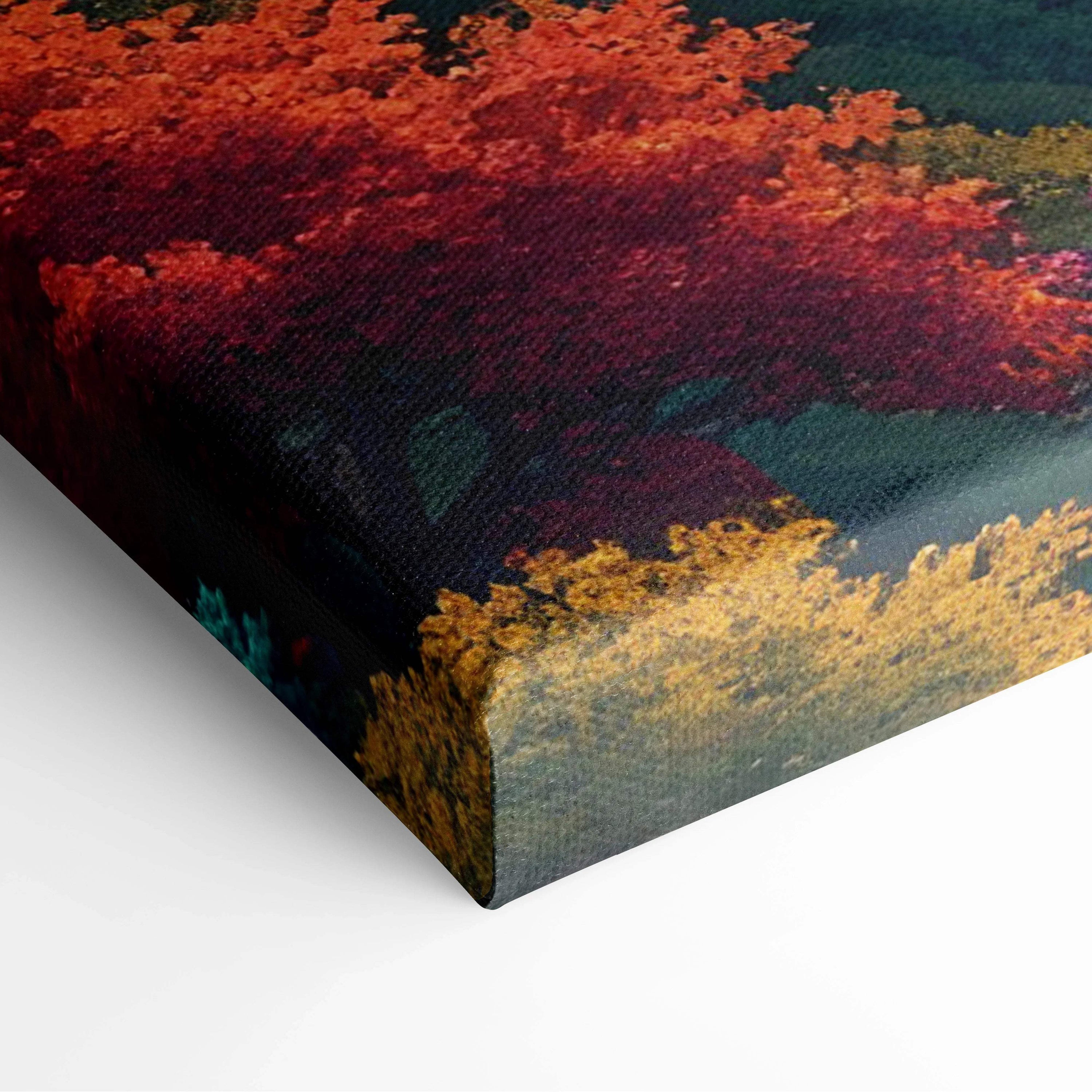 Fantasy mountain valley canvas wall art with waterfall, glowing orange sun in teal sky