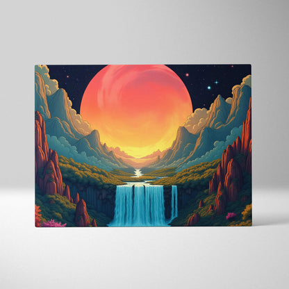 Fantasy mountain valley canvas wall art with waterfall and giant glowing orange sun in teal starry sky