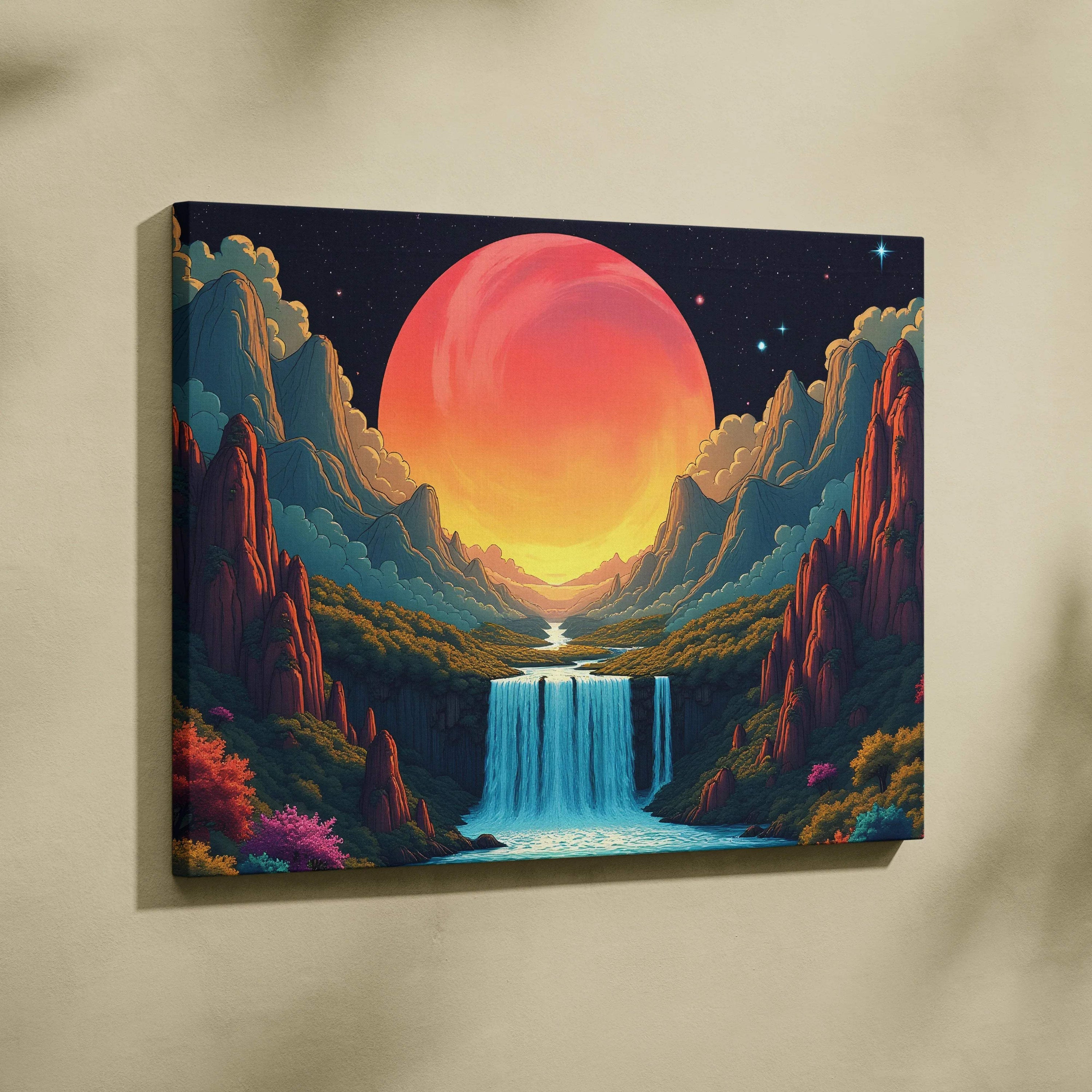 Fantasy mountain valley canvas wall art with waterfall and giant glowing sun