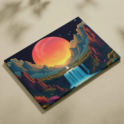 Fantasy mountain valley canvas wall art with waterfall and giant glowing orange sun