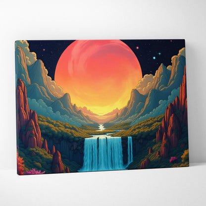 Fantasy mountain valley canvas art with waterfall and giant glowing orange sun