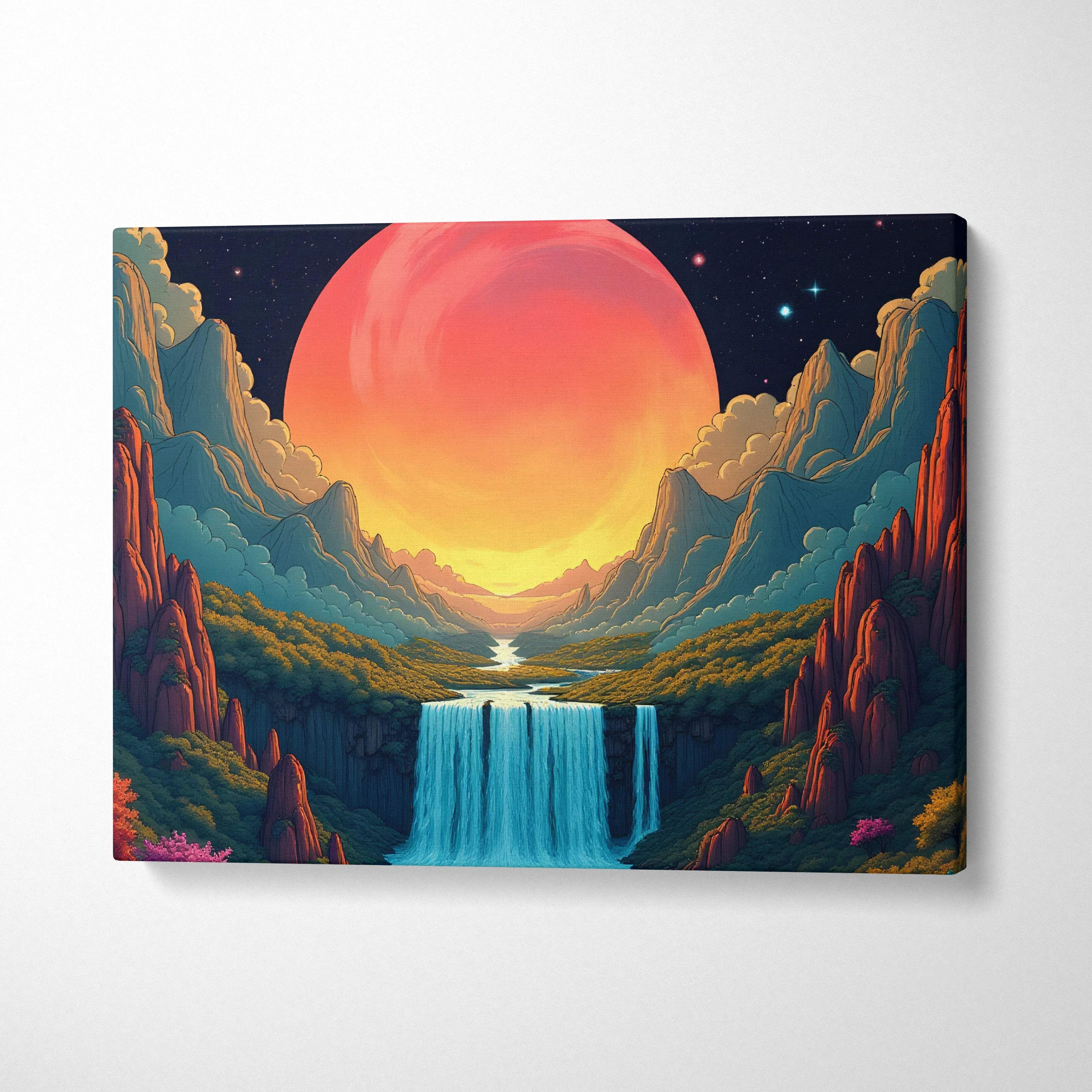 Fantasy mountain valley canvas wall art with waterfall and giant glowing orange sun