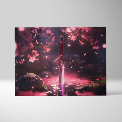 Glowing pink enchanted sword in moonlit cherry blossom stream