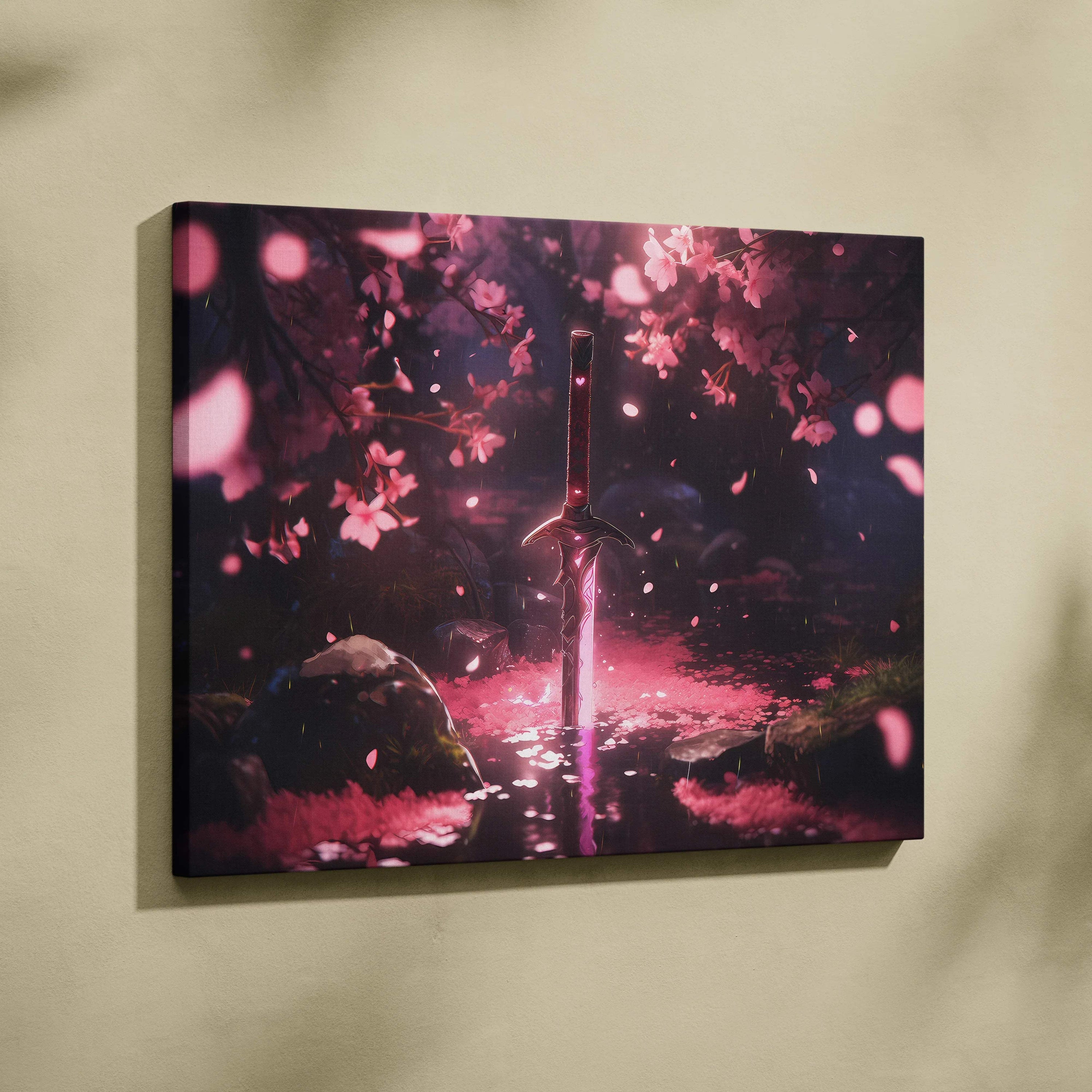 Glowing enchanted sword in cherry blossom forest moonlit mystic fantasy canvas art