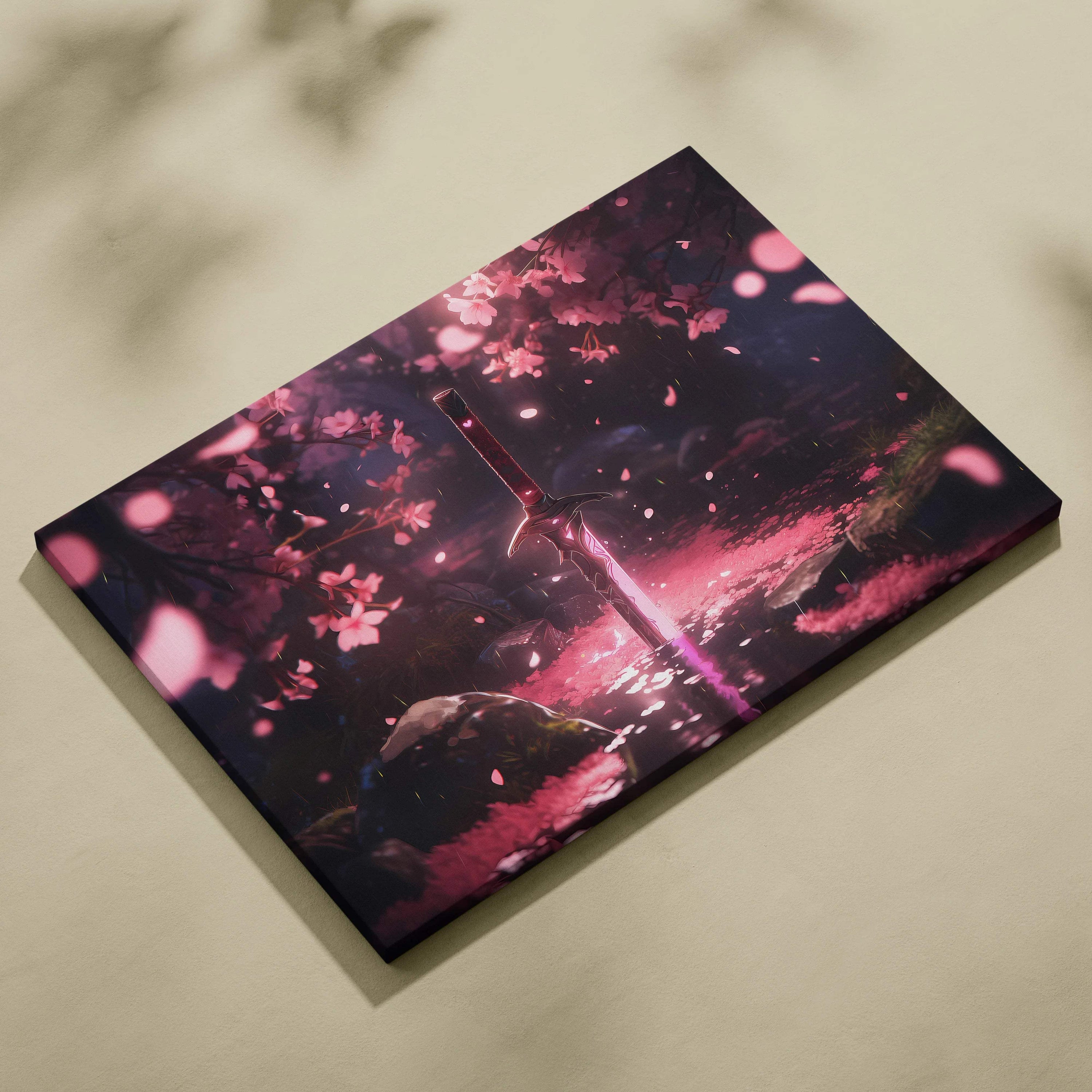 Glowing enchanted sword in moonlit cherry blossom forest canvas art