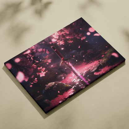 Glowing enchanted sword in moonlit cherry blossom forest canvas art