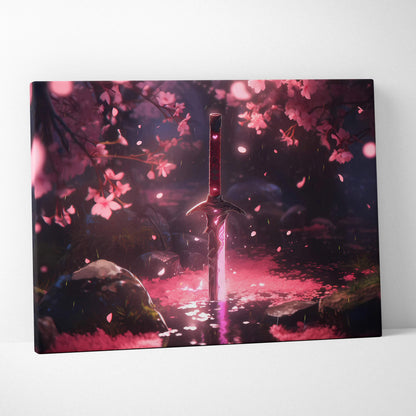 Glowing pink enchanted sword in moonlit cherry blossom stream canvas art