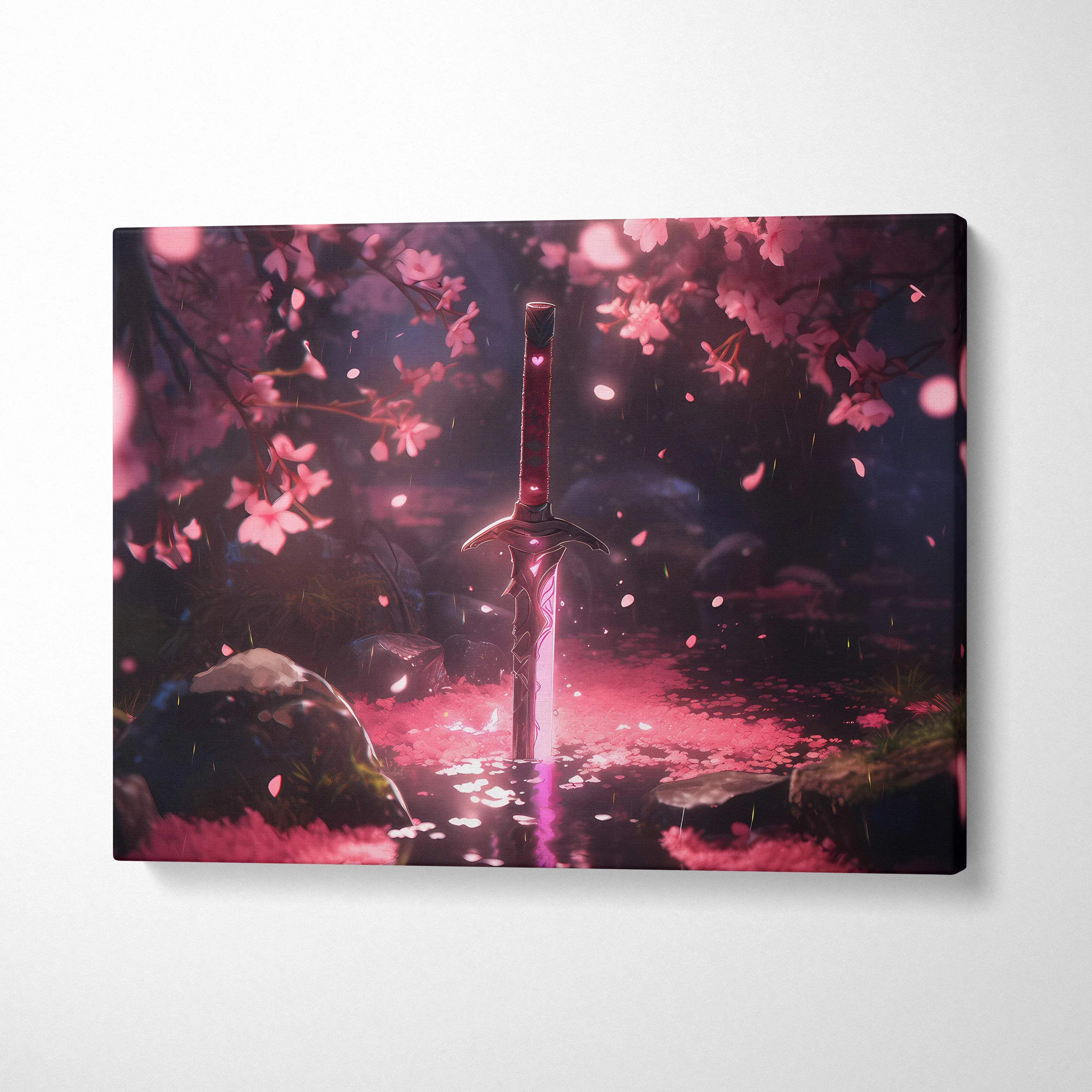 Glowing enchanted sword in pink cherry blossom petals canvas print