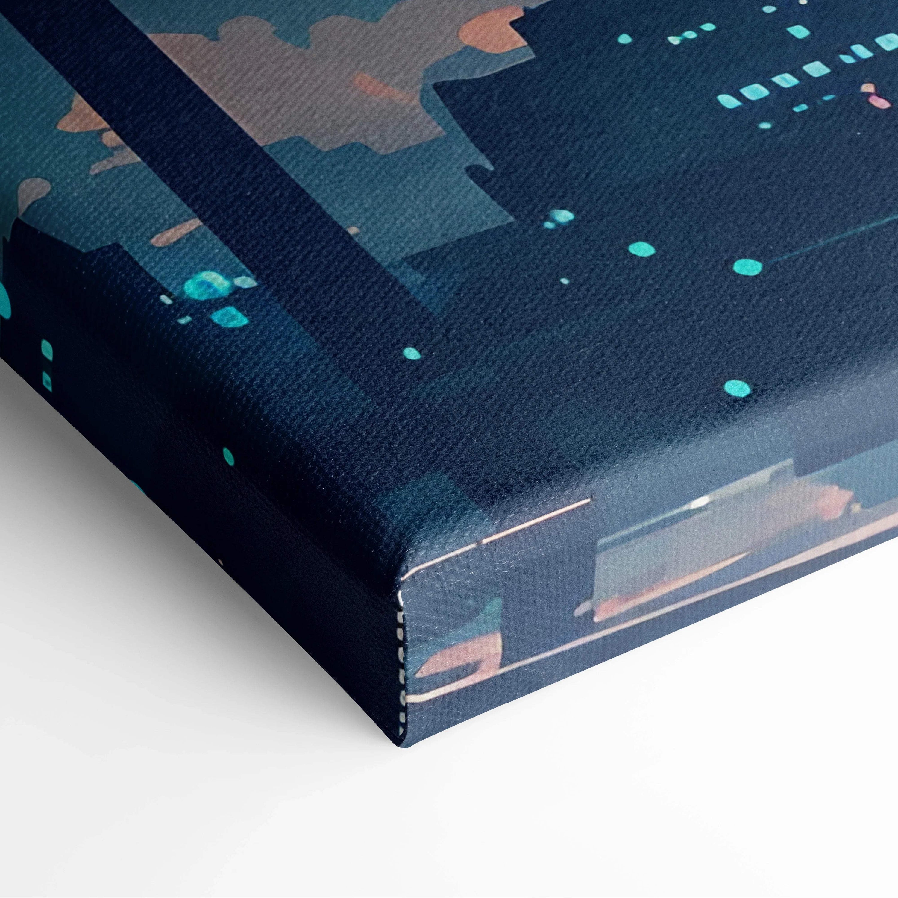 Dark blue anime boy on rooftop twilight city skyline canvas art