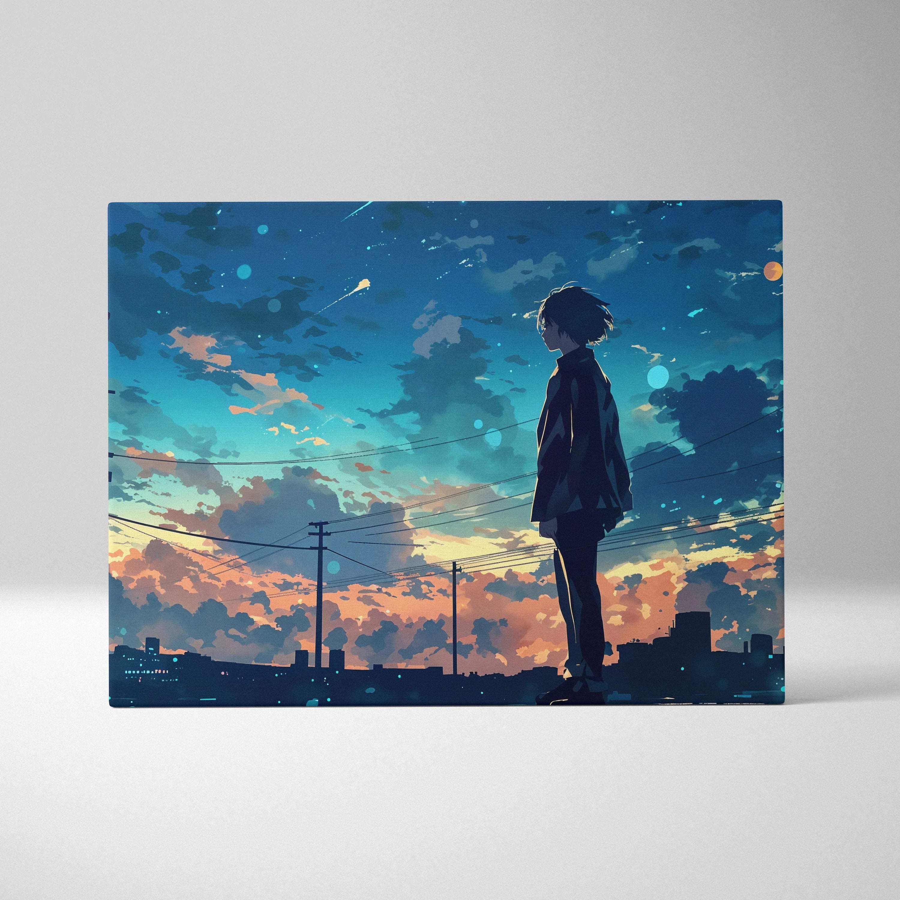 Anime boy on rooftop at twilight dreamy urban skyline canvas art
