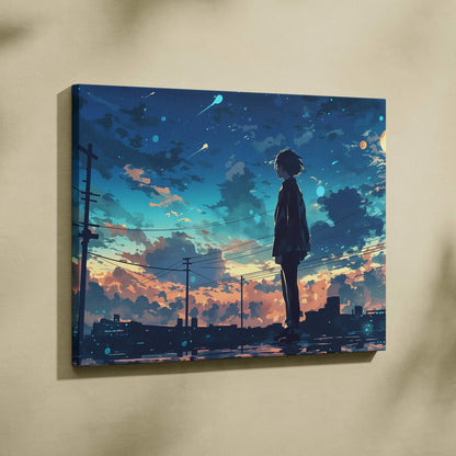 Anime boy on rooftop at twilight with dreamy urban skyline canvas art
