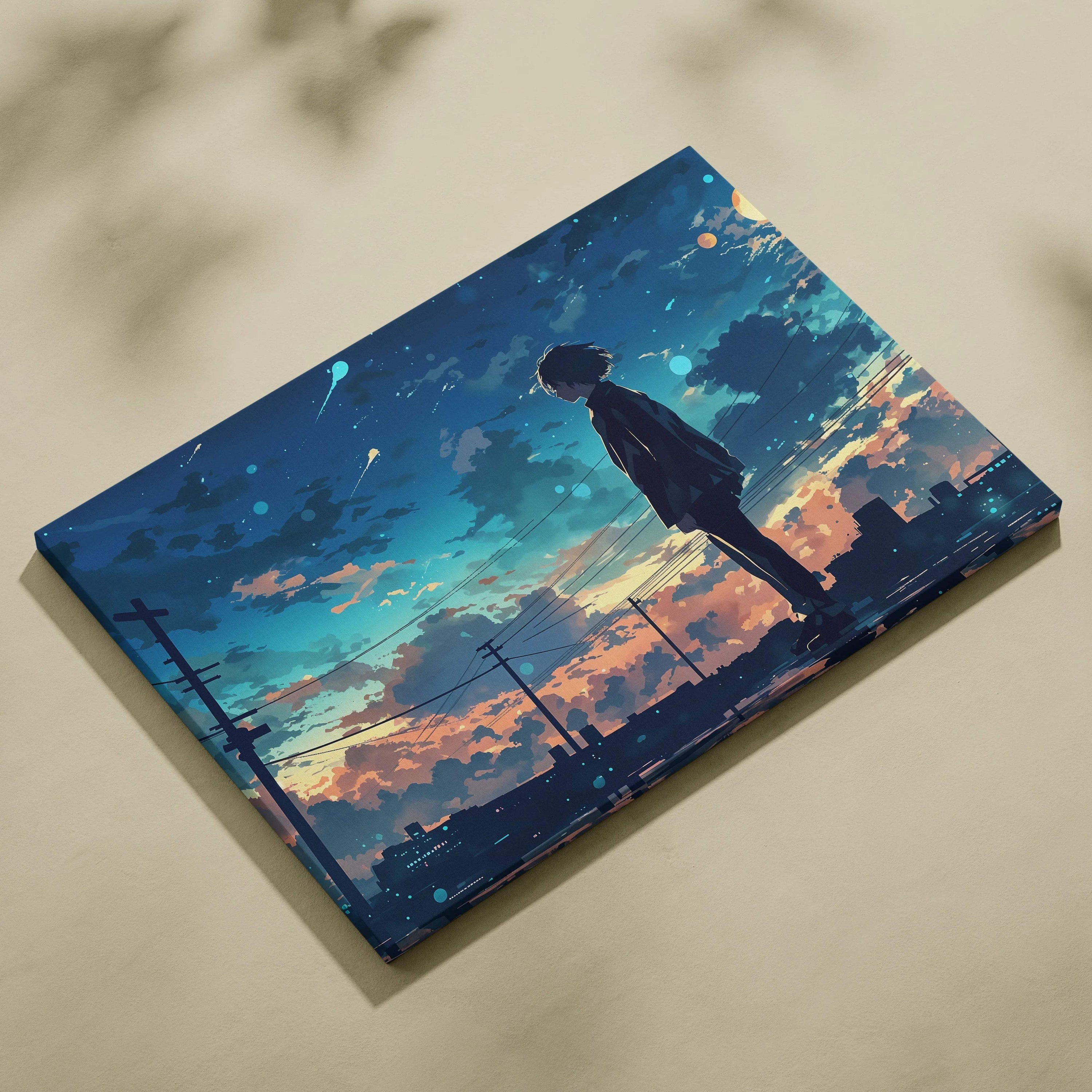Anime boy silhouette on rooftop at twilight dreamy city skyline canvas art