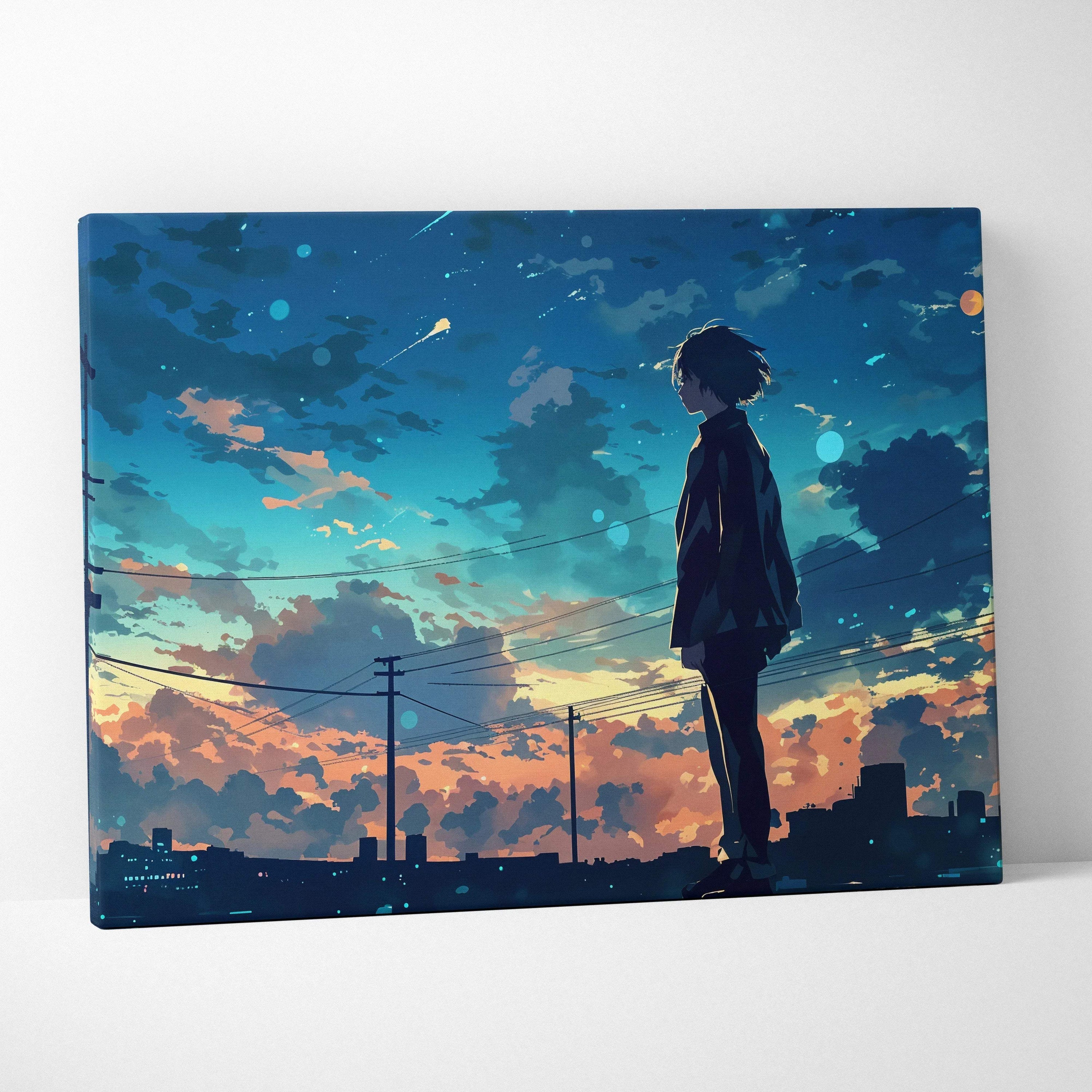 Anime boy silhouette on rooftop at twilight urban skyline canvas art