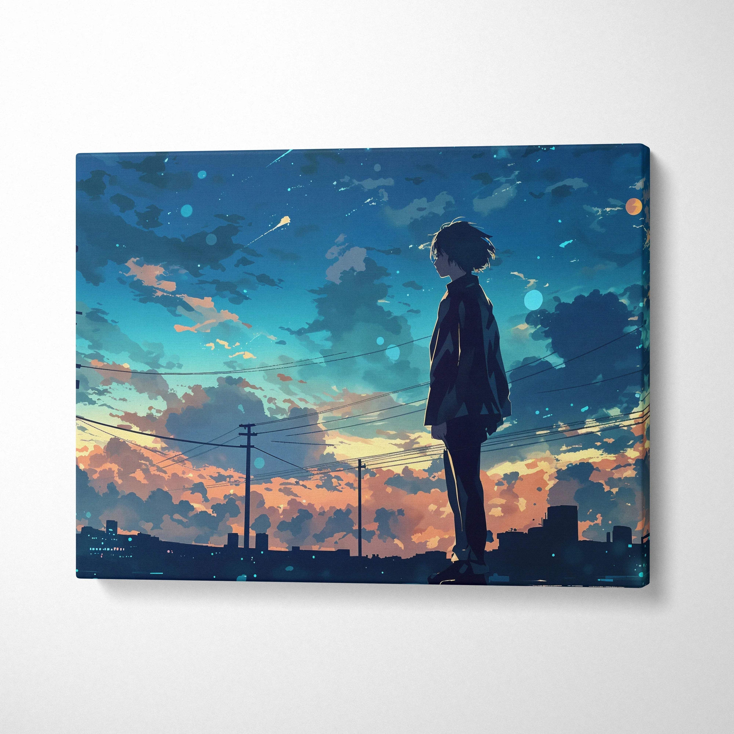 Anime boy on rooftop at twilight with dreamy urban skyline canvas art