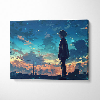 Anime boy on rooftop at twilight with dreamy urban skyline canvas art