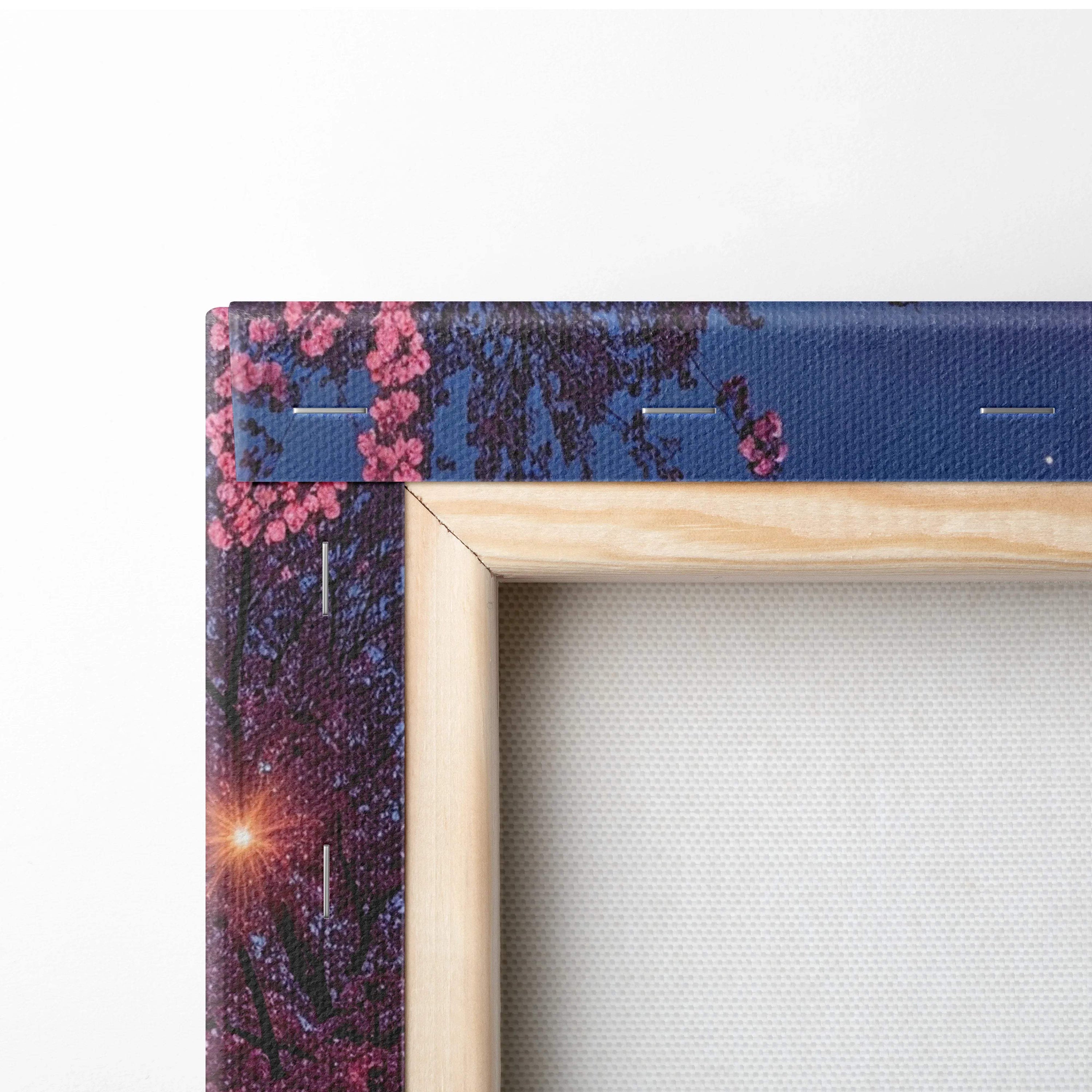 Wooden-framed canvas of dreamlike cherry blossom twilight with torii gate