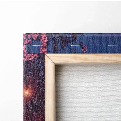 Wooden-framed canvas of dreamlike cherry blossom twilight with torii gate