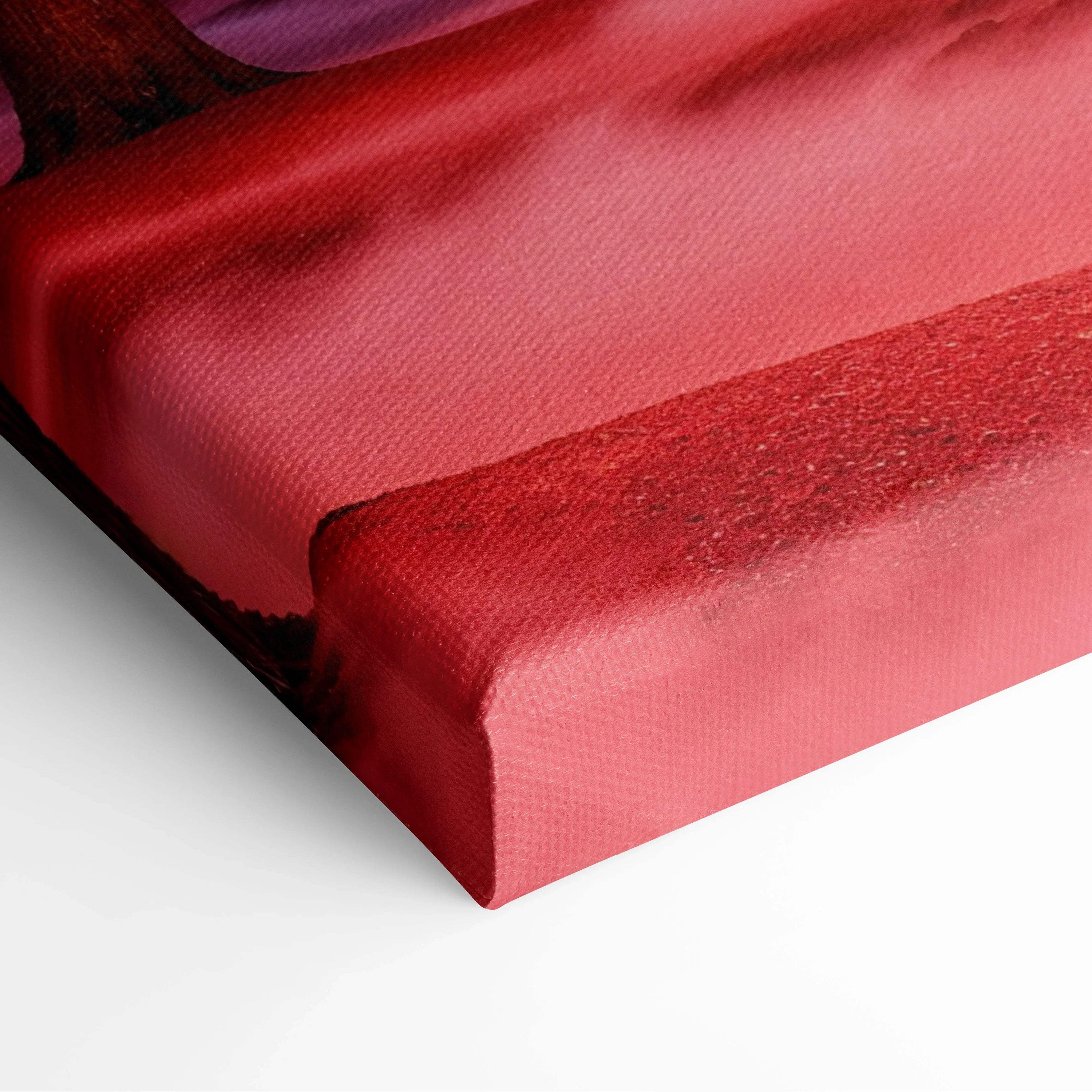 Red canvas art of cherry blossom twilight with torii gate, misty path, pink purple sunset, textured satin finish