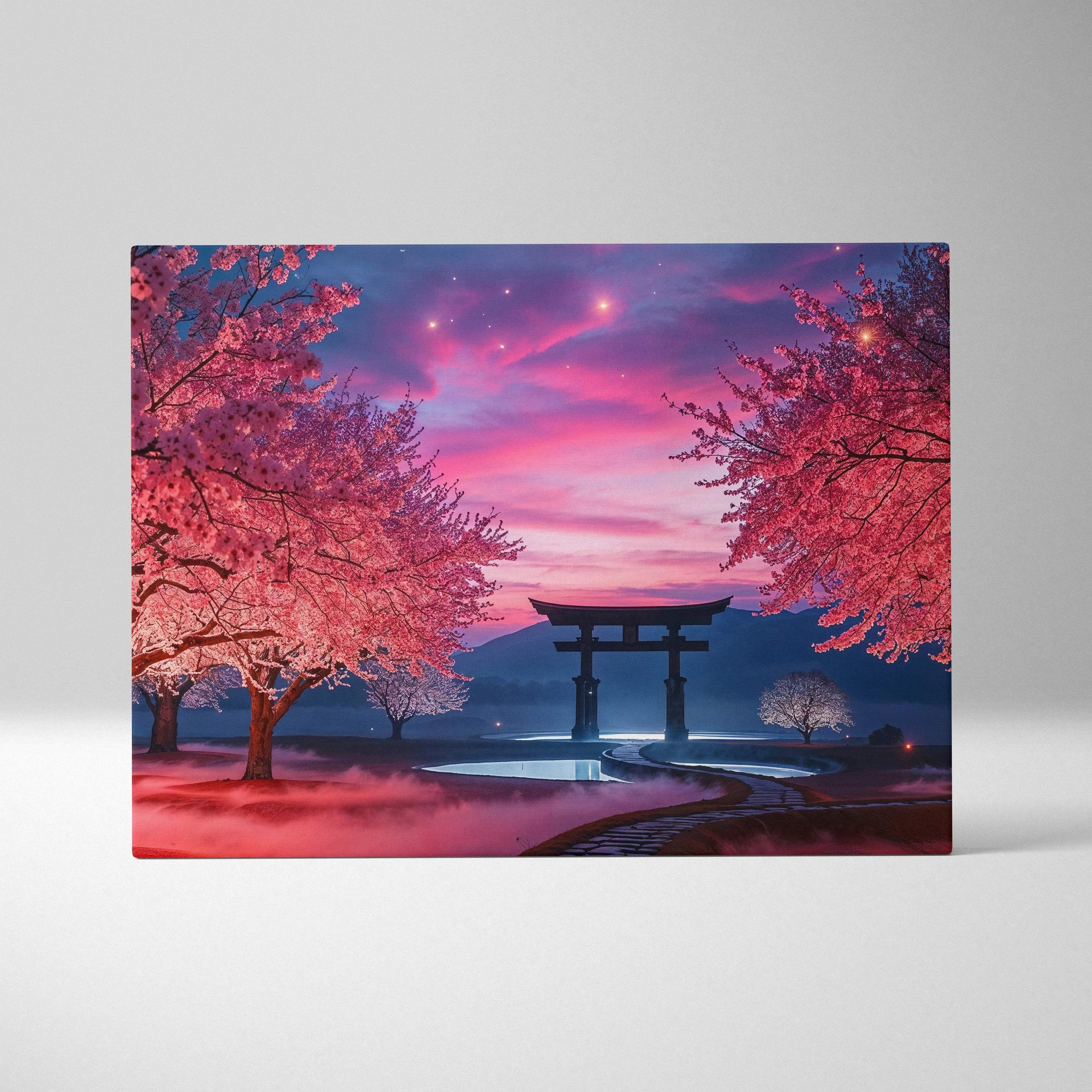 Dreamlike cherry blossom twilight torii gate misty path pink purple canvas art