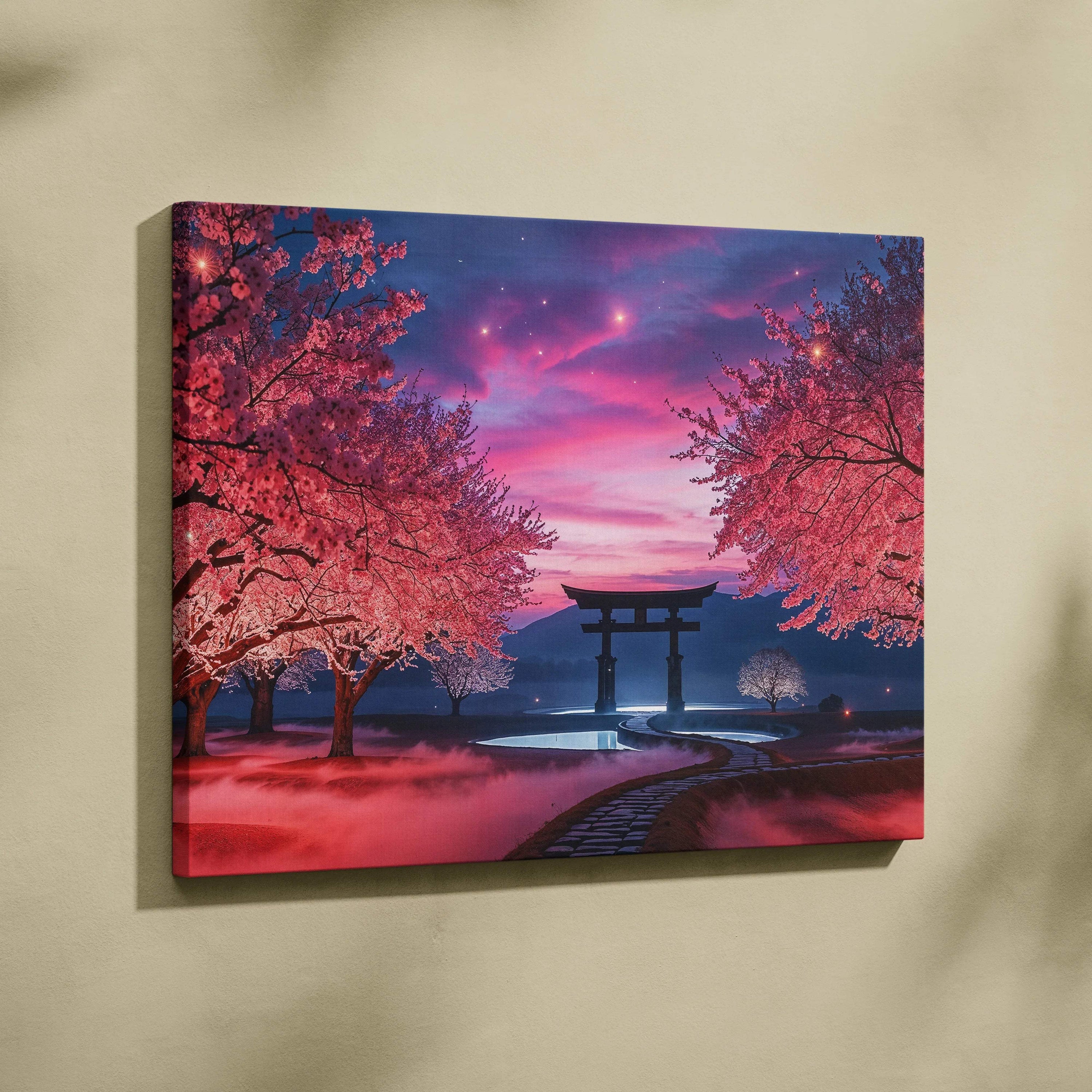 Dreamlike cherry blossom twilight torii gate misty path canvas art