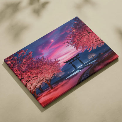 Dreamlike cherry blossom twilight torii gate misty path pink purple sunset canvas art