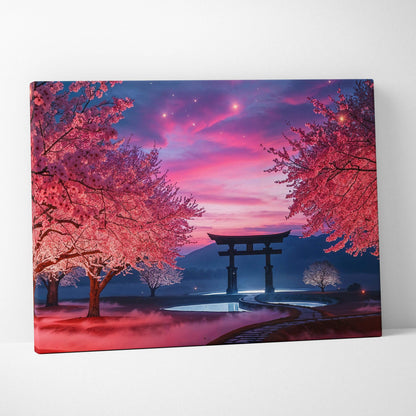 Dreamlike cherry blossom twilight torii gate misty path pink purple sunset canvas art
