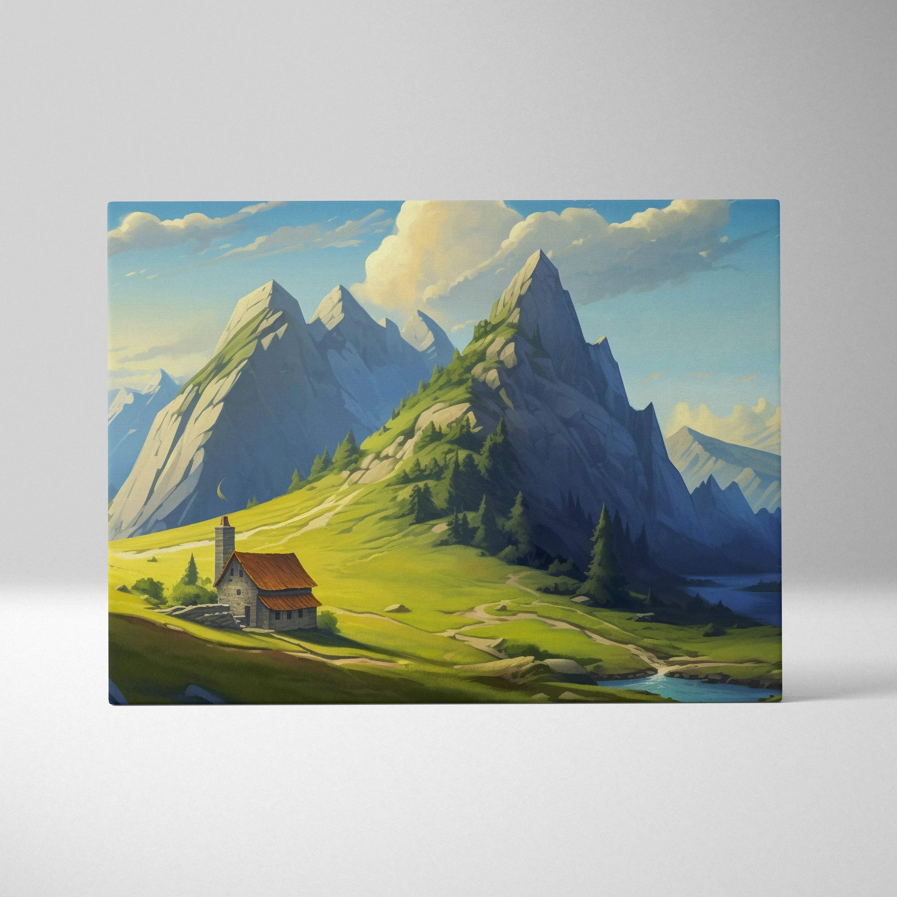 Painterly mountain cottage in lush green valley with peaks and river canvas art