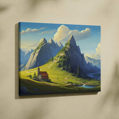 Painterly mountain cottage in lush green valley with peaks canvas print
