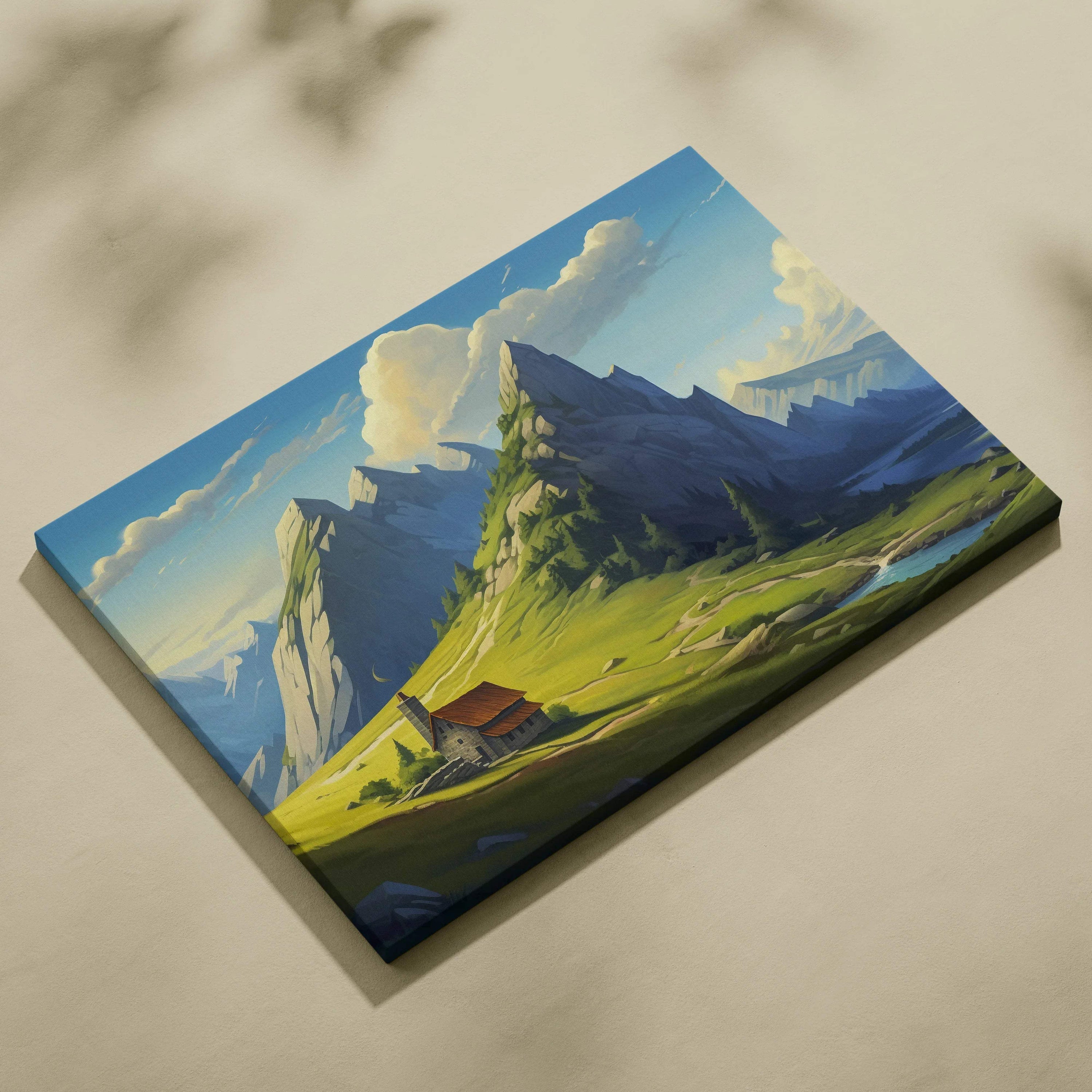 Painterly mountain cottage in lush green valley with peaks canvas art