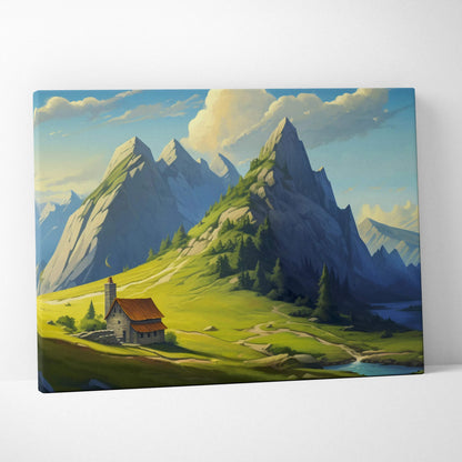 Painterly mountain cottage in lush green valley with peaks and river canvas art