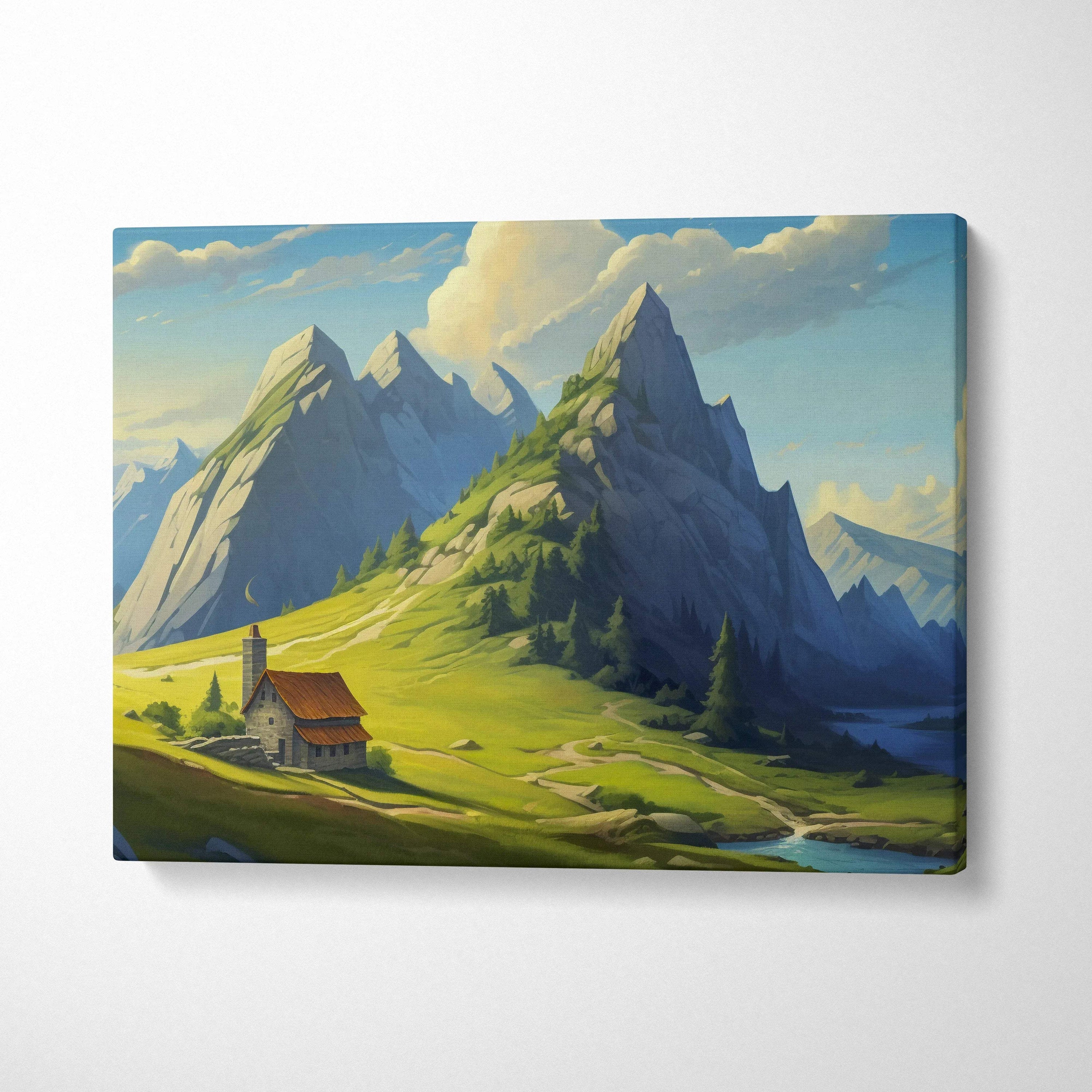 Painterly mountain cottage in lush green valley with peaks and river canvas art