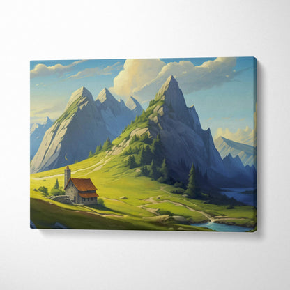Painterly mountain cottage in lush green valley with peaks and river canvas art