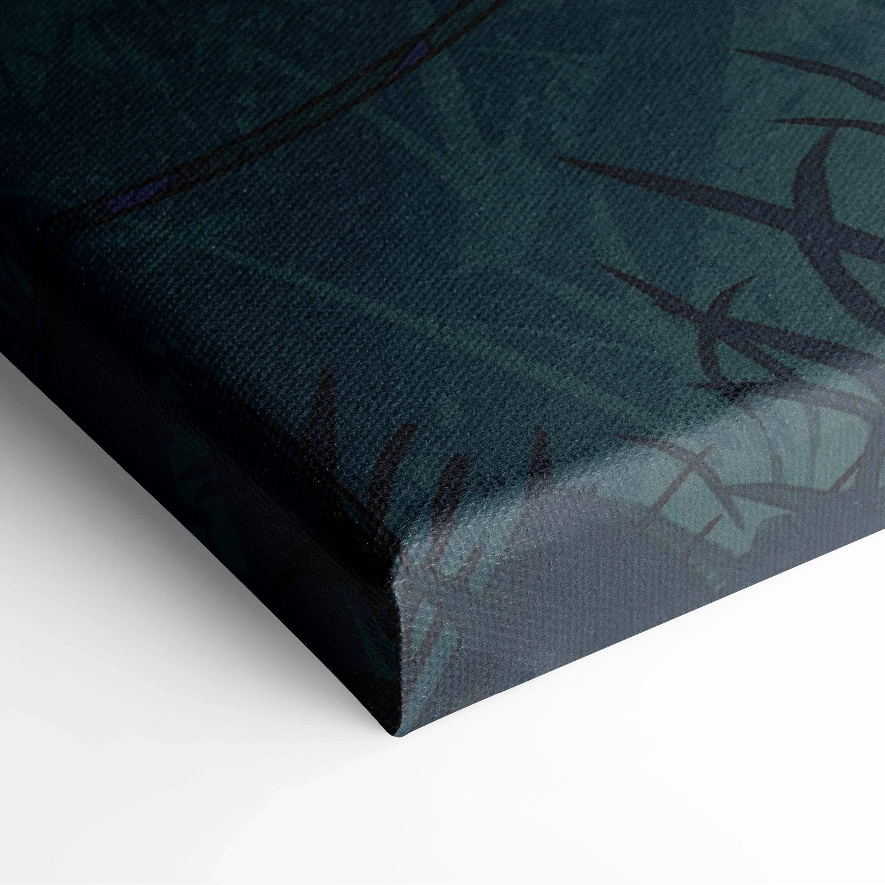 Dark teal canvas print with stylized black thorns anime girl seaside sunset art
