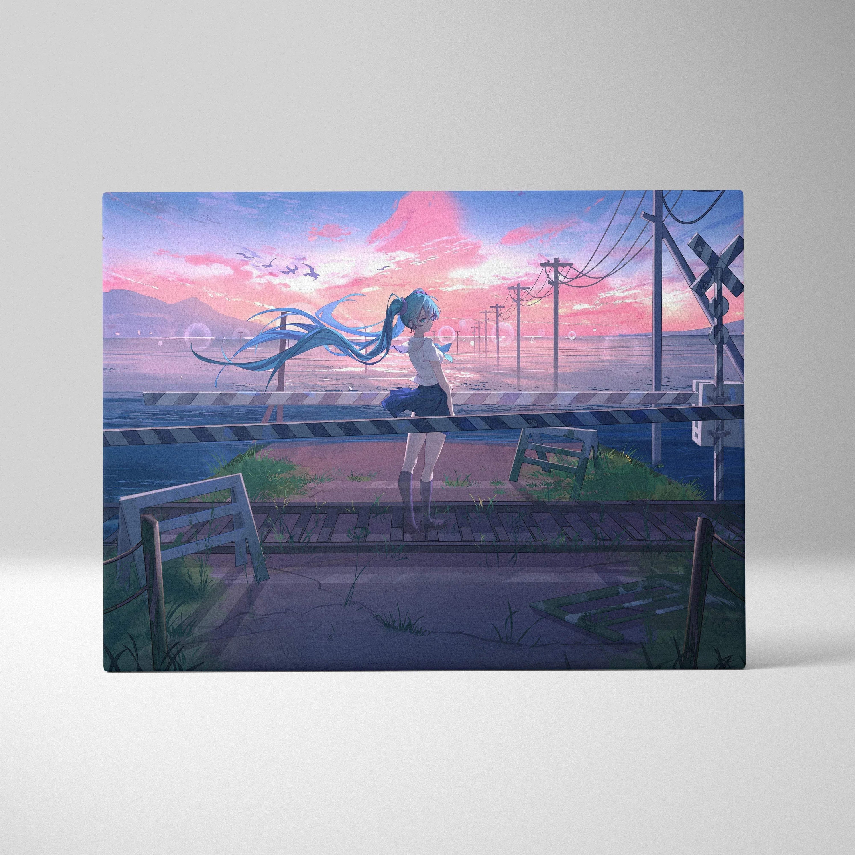 Anime girl with flowing blue hair at seaside railway crossing, dreamy pink sunset canvas print