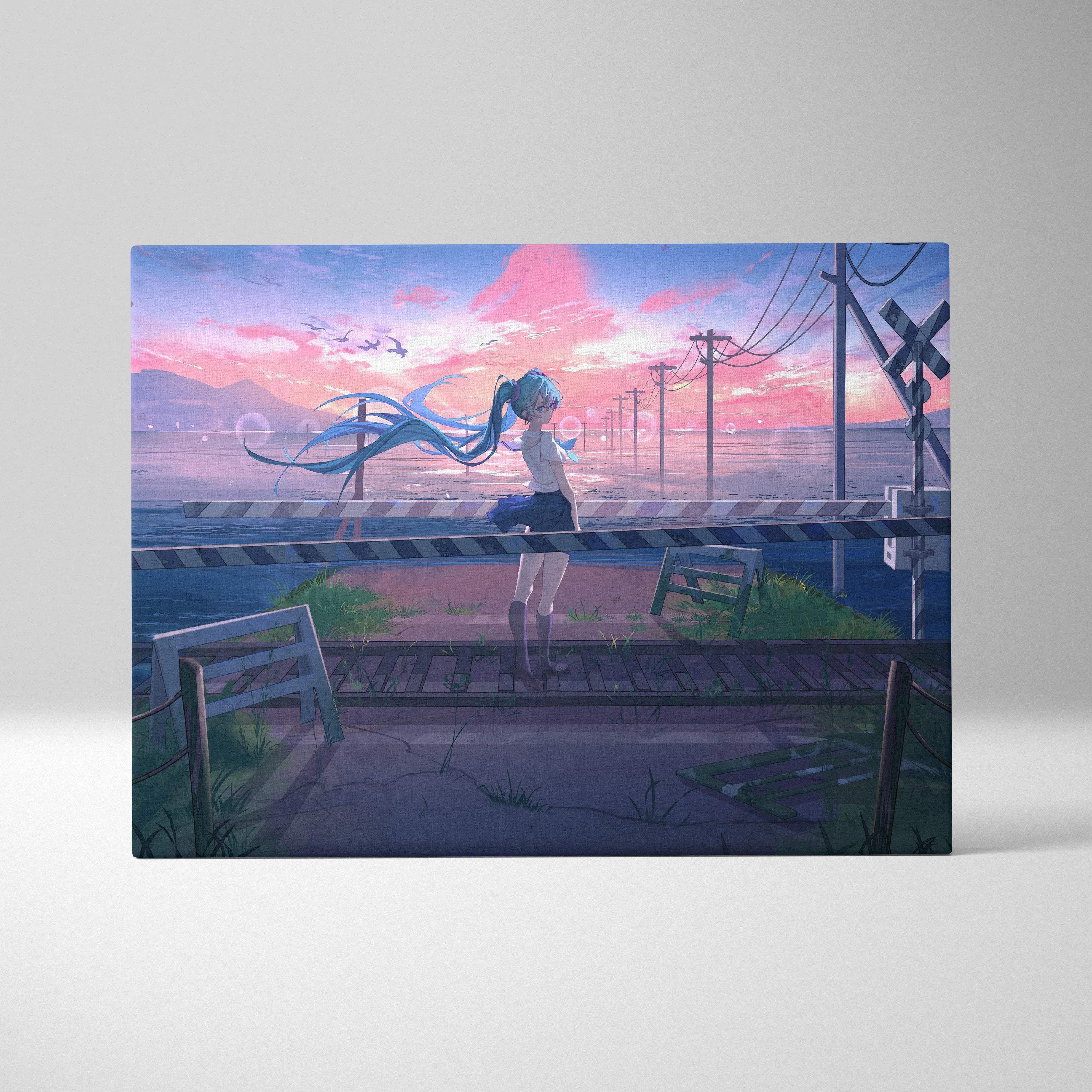 Anime girl with flowing blue hair at seaside railway crossing, dreamy pink sunset canvas print