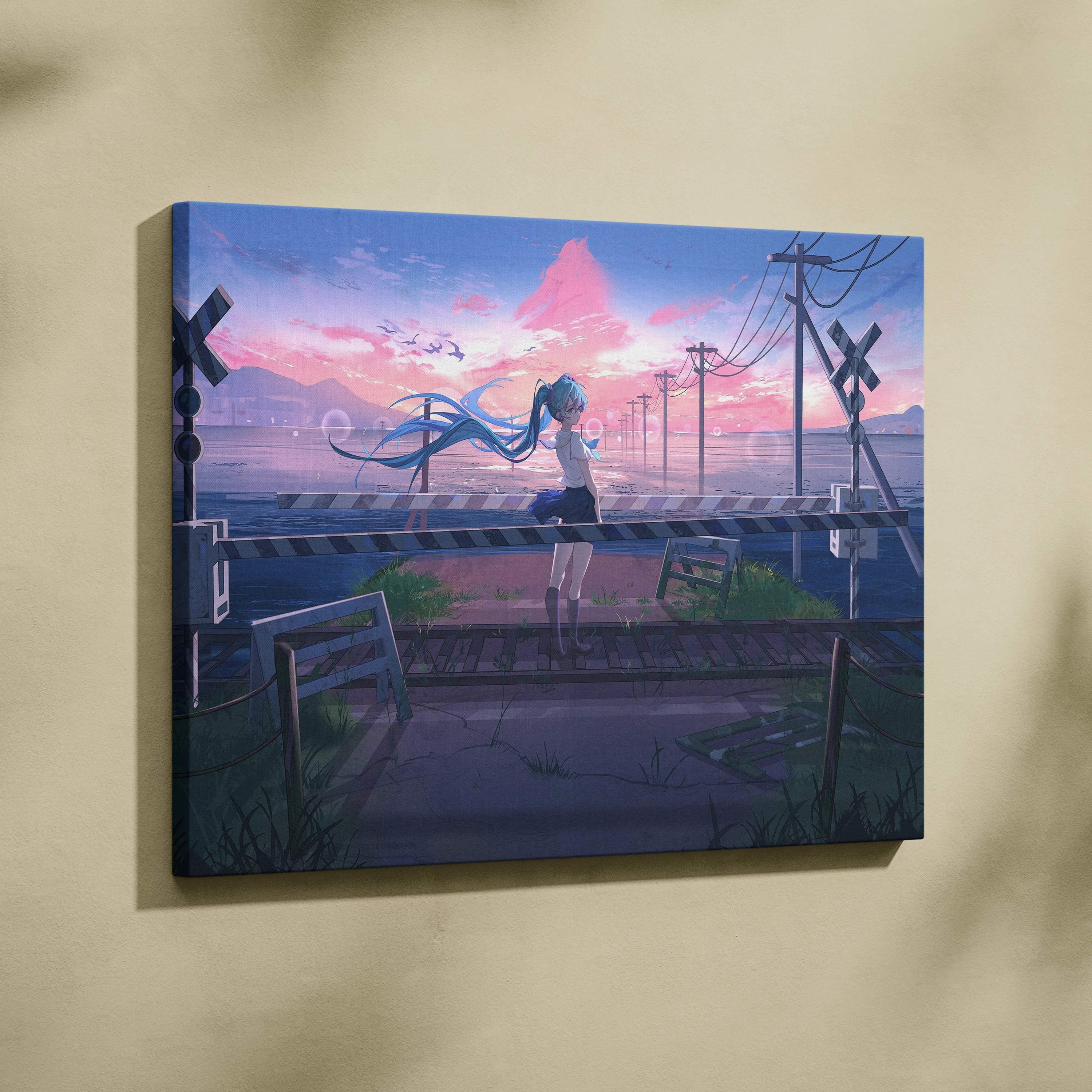 Anime girl with flowing blue hair at seaside railway crossing, dreamy pink sunset sky canvas print