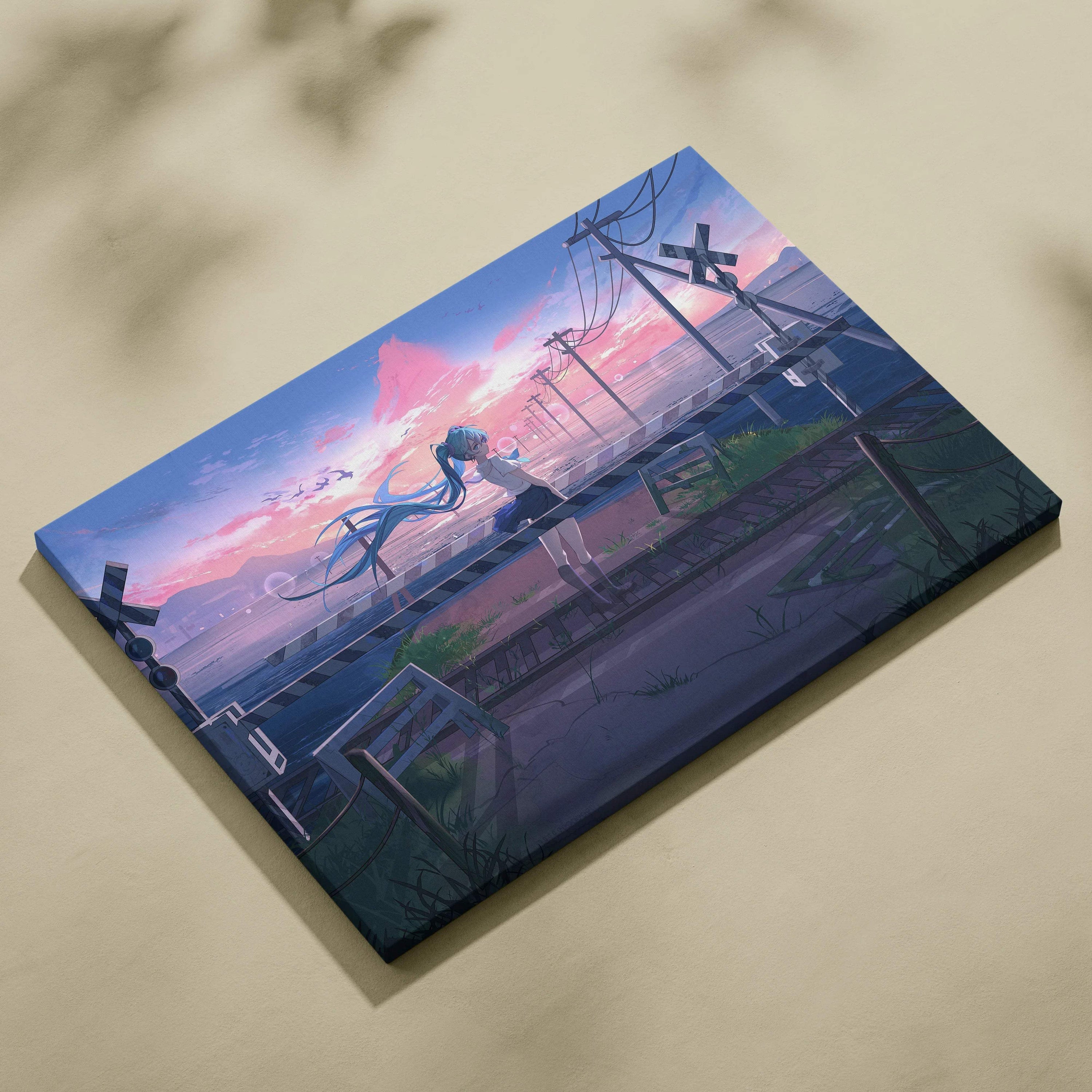 Anime girl with flowing blue hair at seaside railway crossing dreamy pink sunset canvas print