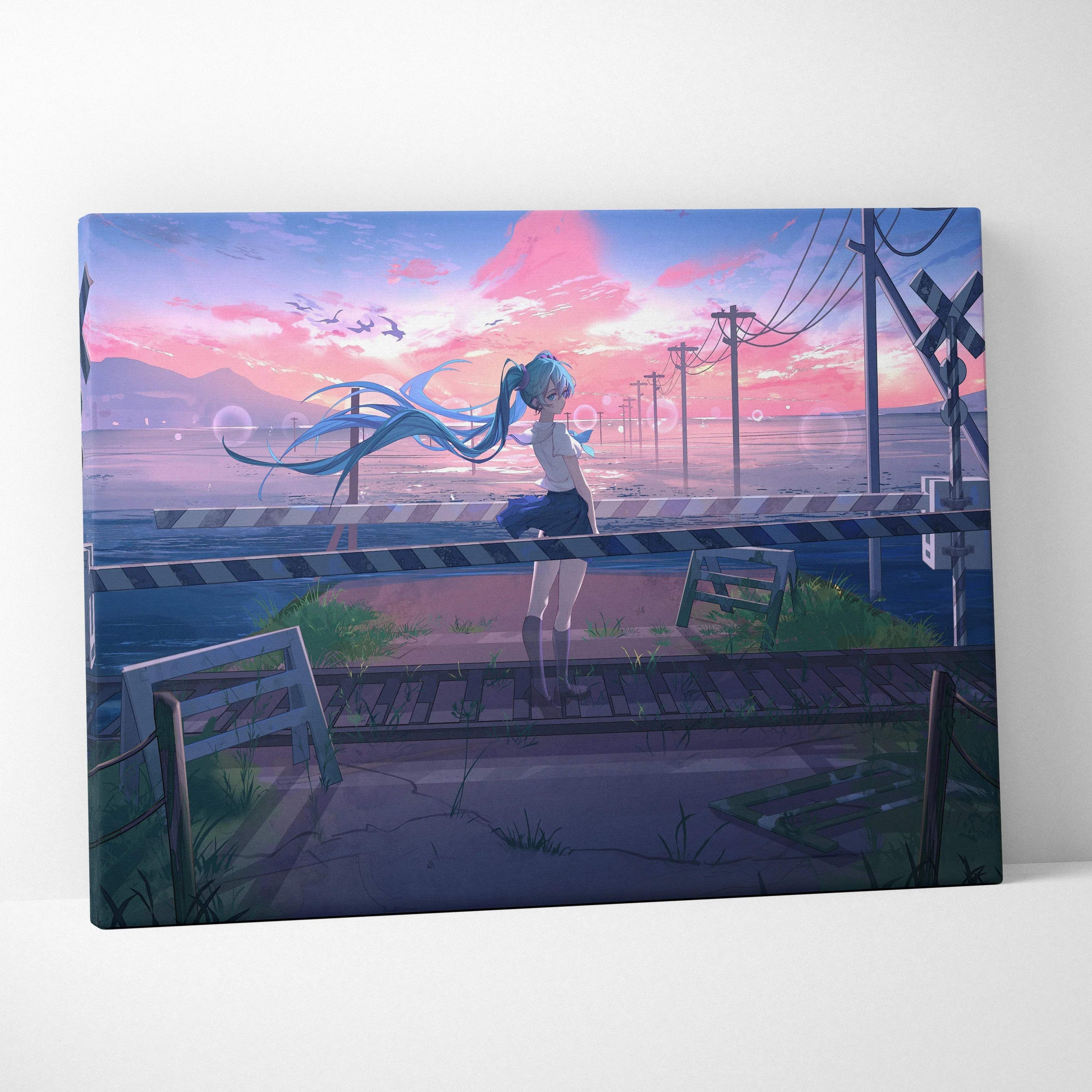 Anime girl with flowing blue hair at seaside railway crossing, dreamy pink sunset sky canvas print