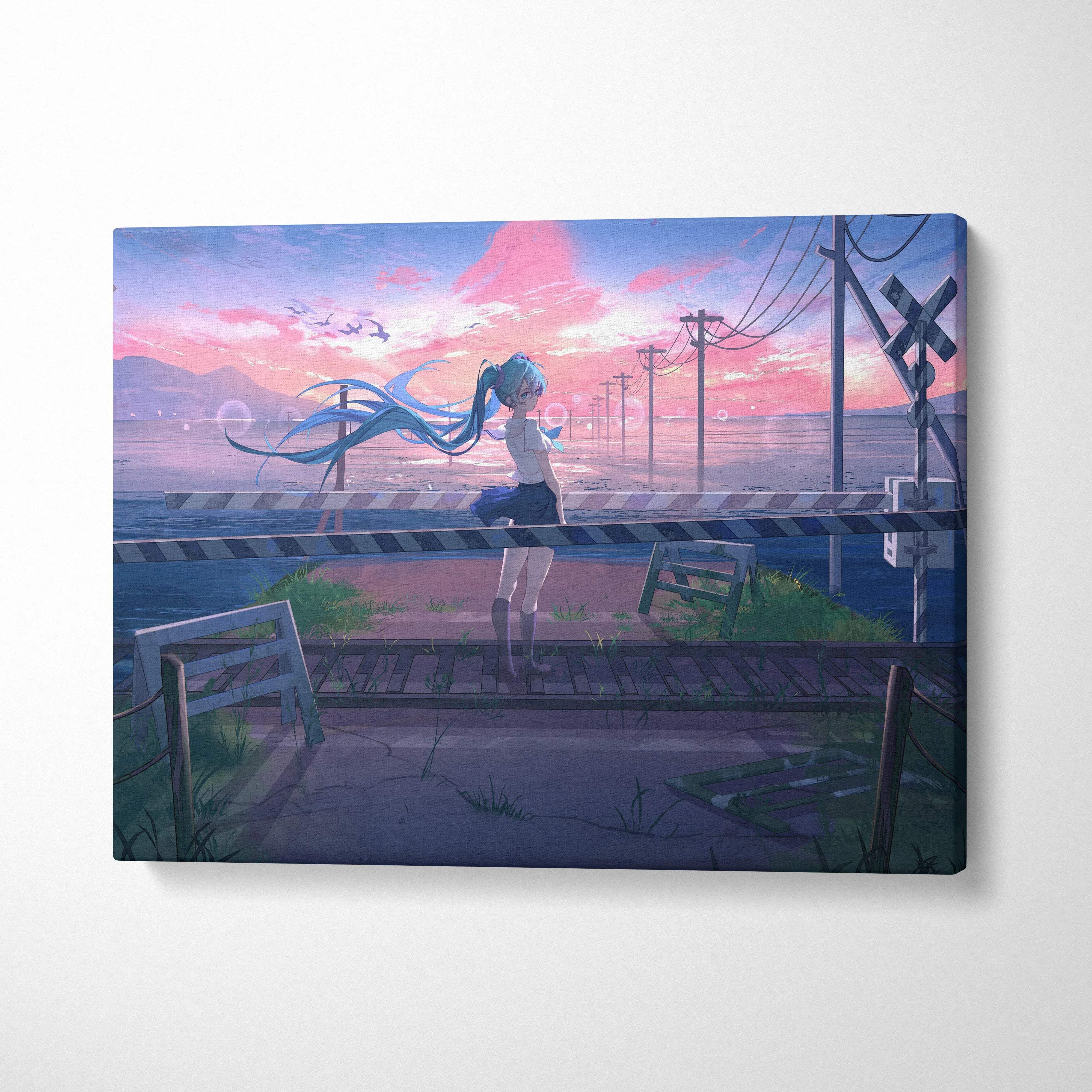 Anime girl with flowing blue hair at seaside railway crossing, dreamy pink sunset sky canvas print