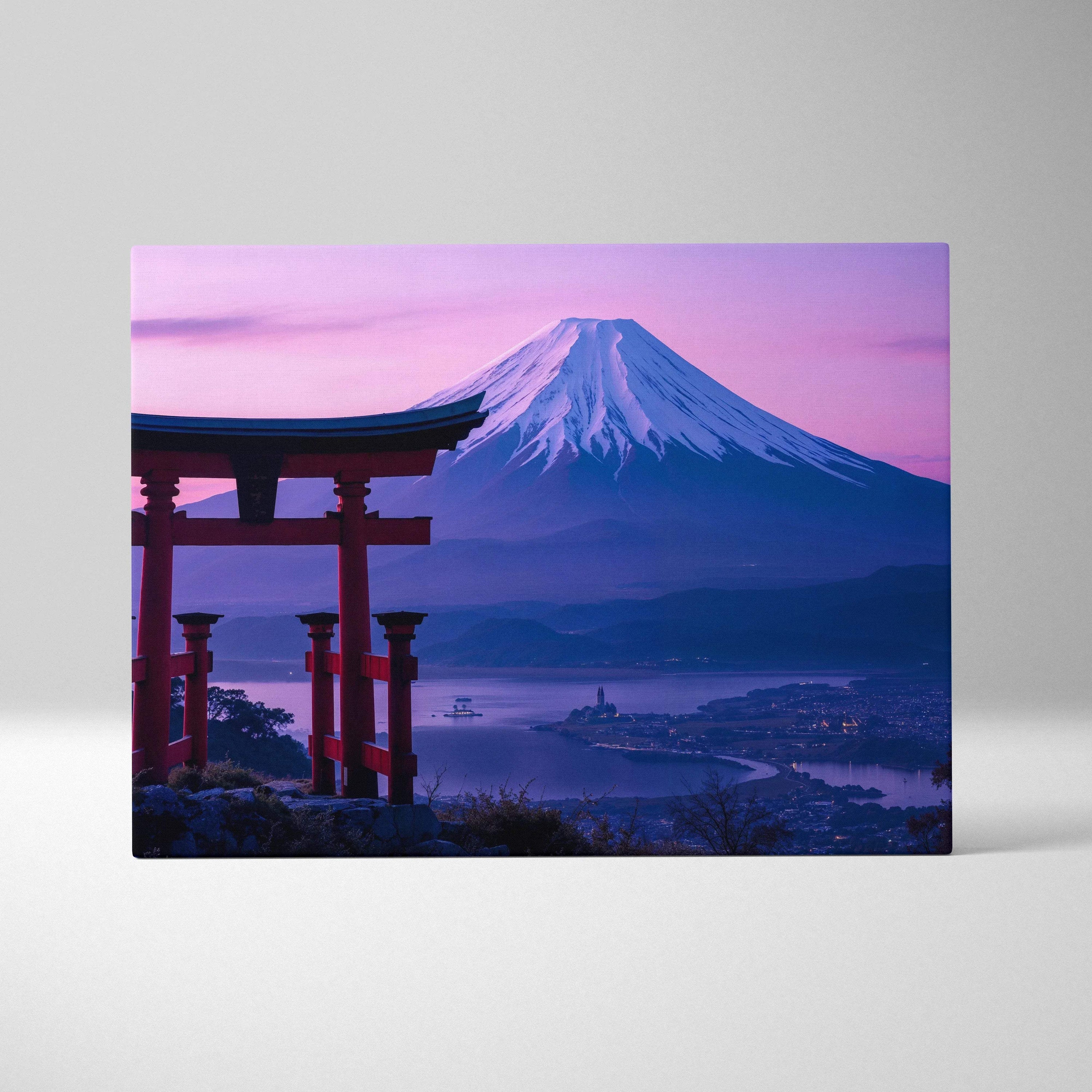 Vibrant purple pink sunset over Mount Fuji with red torii gate canvas print