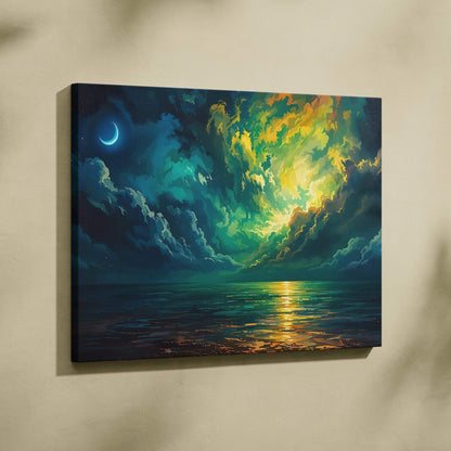 Surreal night seascape canvas with emerald clouds, crescent moon on teal gold ocean