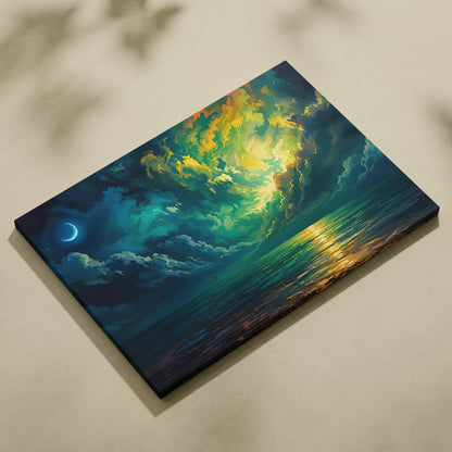 Surreal night seascape canvas with emerald clouds and crescent moon on teal gold ocean