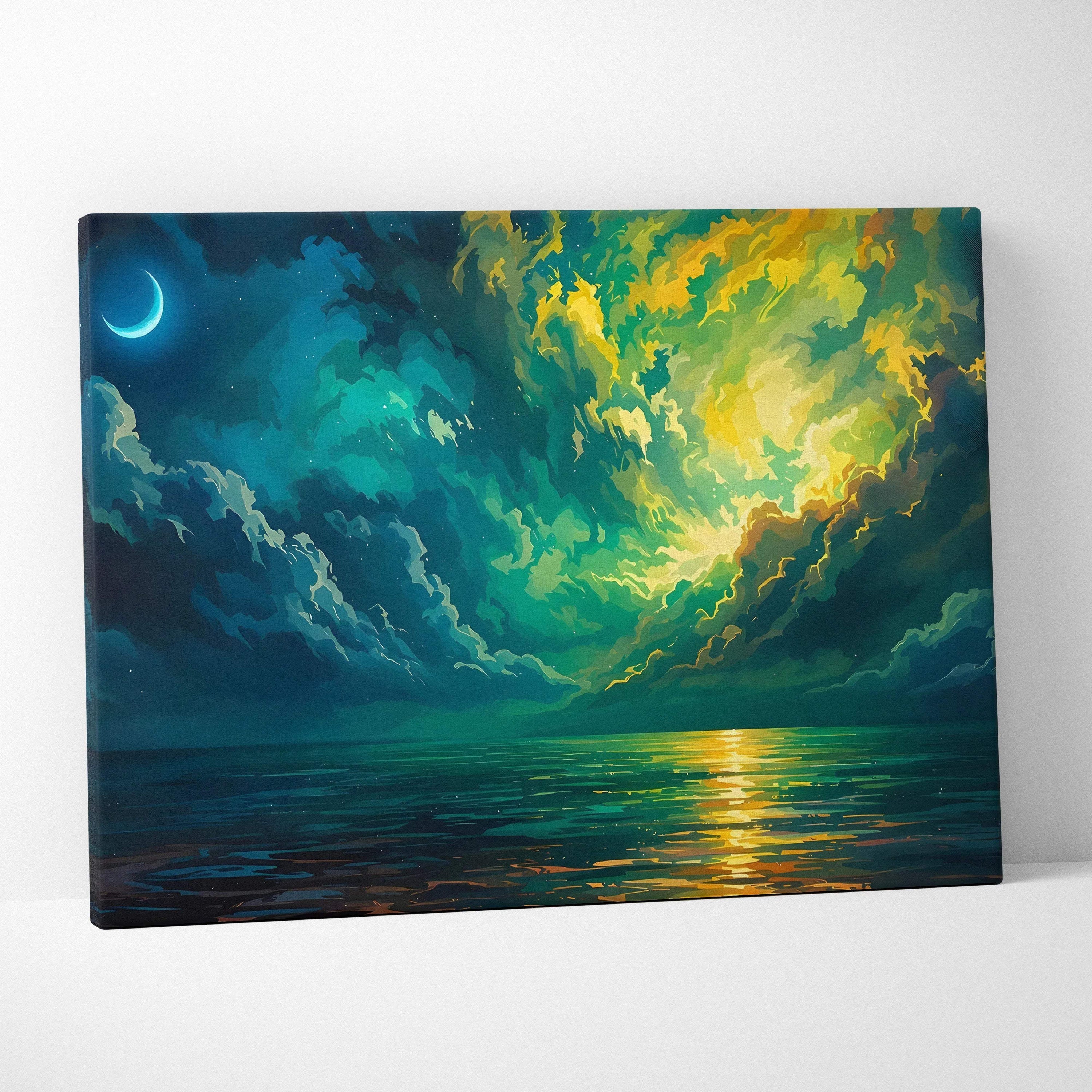 Surreal night seascape canvas with emerald clouds, crescent moon on teal gold ocean
