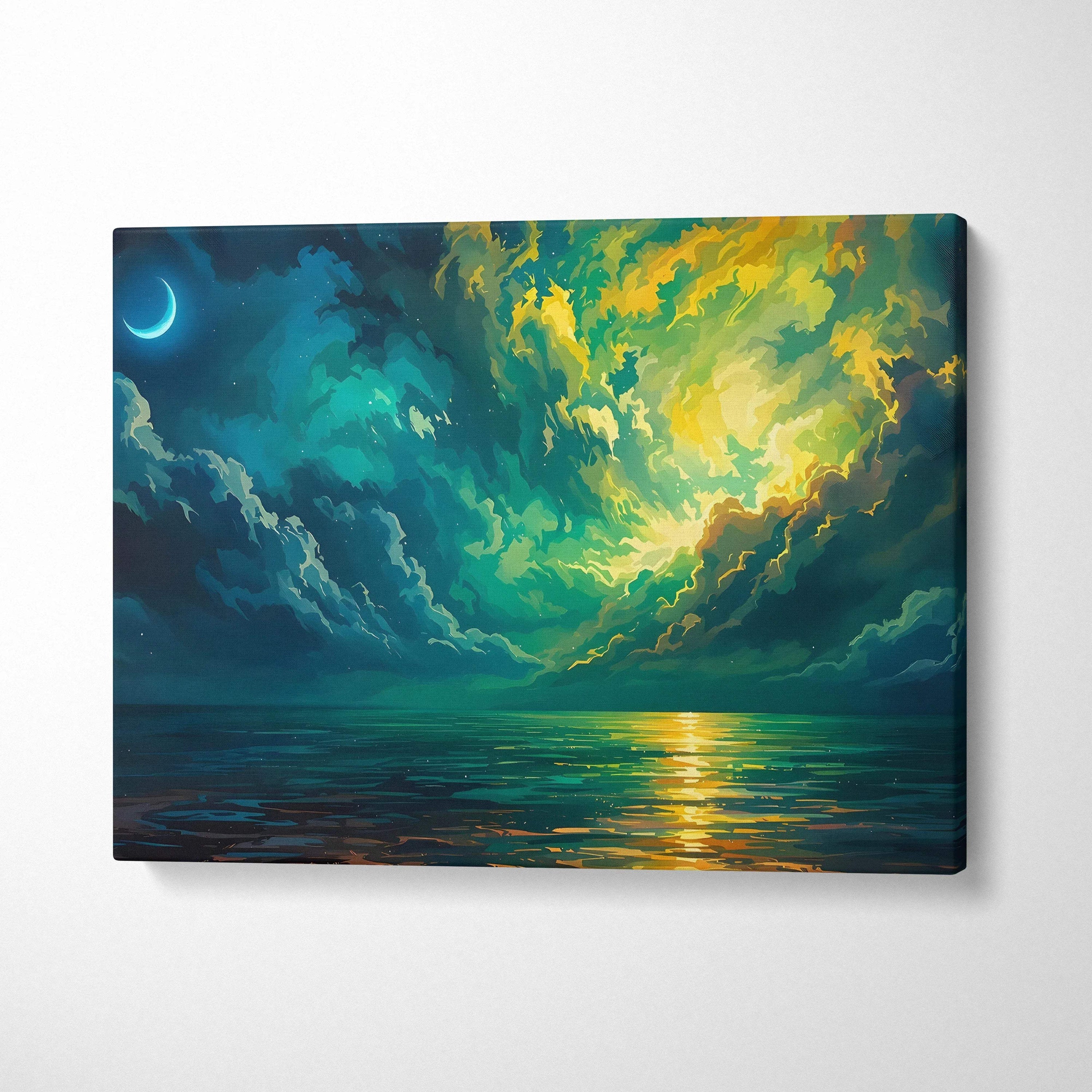 Surreal night seascape canvas art with emerald clouds, crescent moon on teal gold ocean
